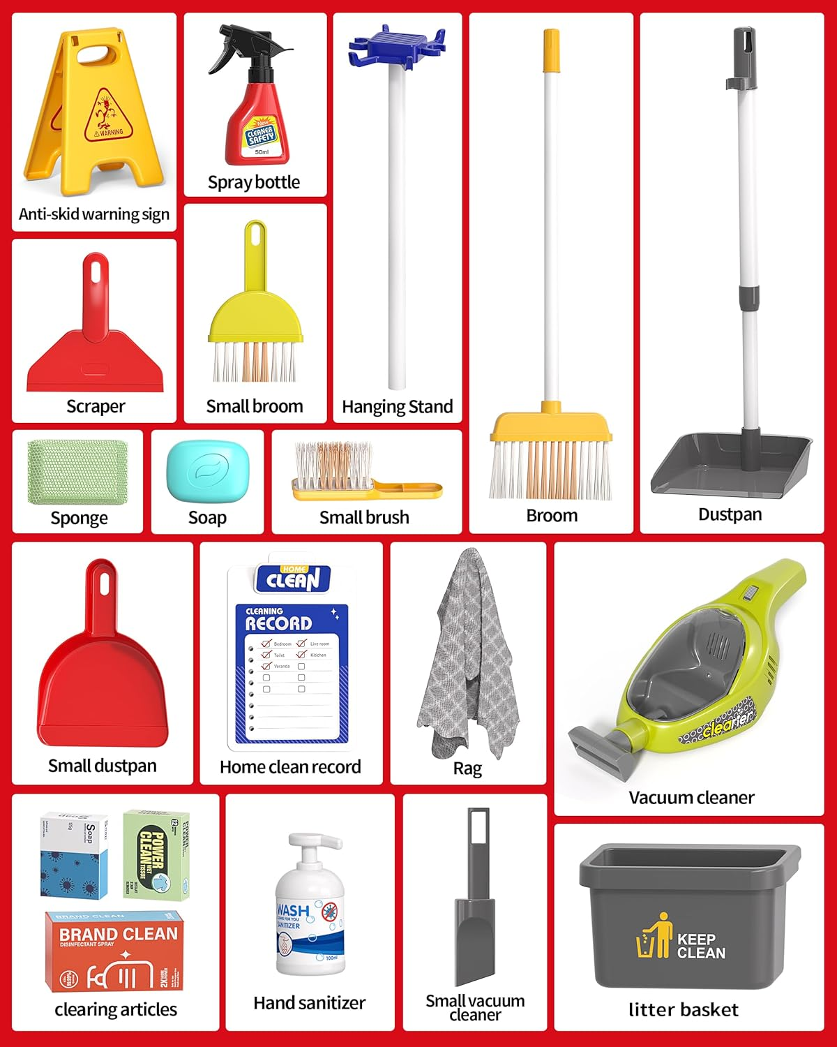 Kids Cleaning Set for Toddlers, 22 Pcs Cleaning Toys Includes Real Working Vacuum Cleaner, Broom, Spray Bottle and More (Red) image number 4