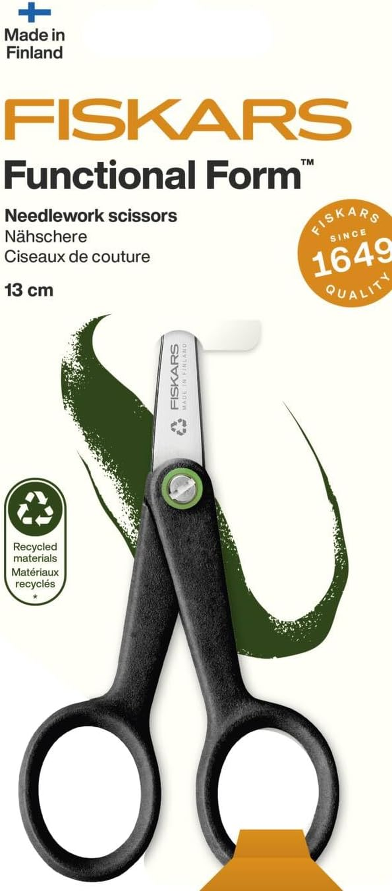 Fiskars Renew 1074541 Handicraft Scissors, Length: 12.4 Cm, Recycled Stainless Steel/Recycled Plastic, Functional Shape, Black image number 2