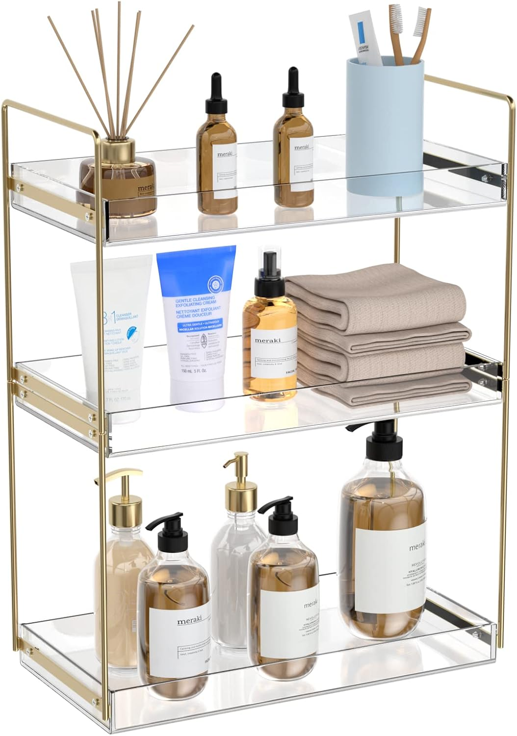 Bathroom Countertop Organizer, 2 Tier Acrylic Tray Vanity Counter Skincare Organizer Shelf, Kitchen under Sink Standing Rack, Home Storage Holder for Lotion Makeup Cosmetics Perfume Spice, Gold