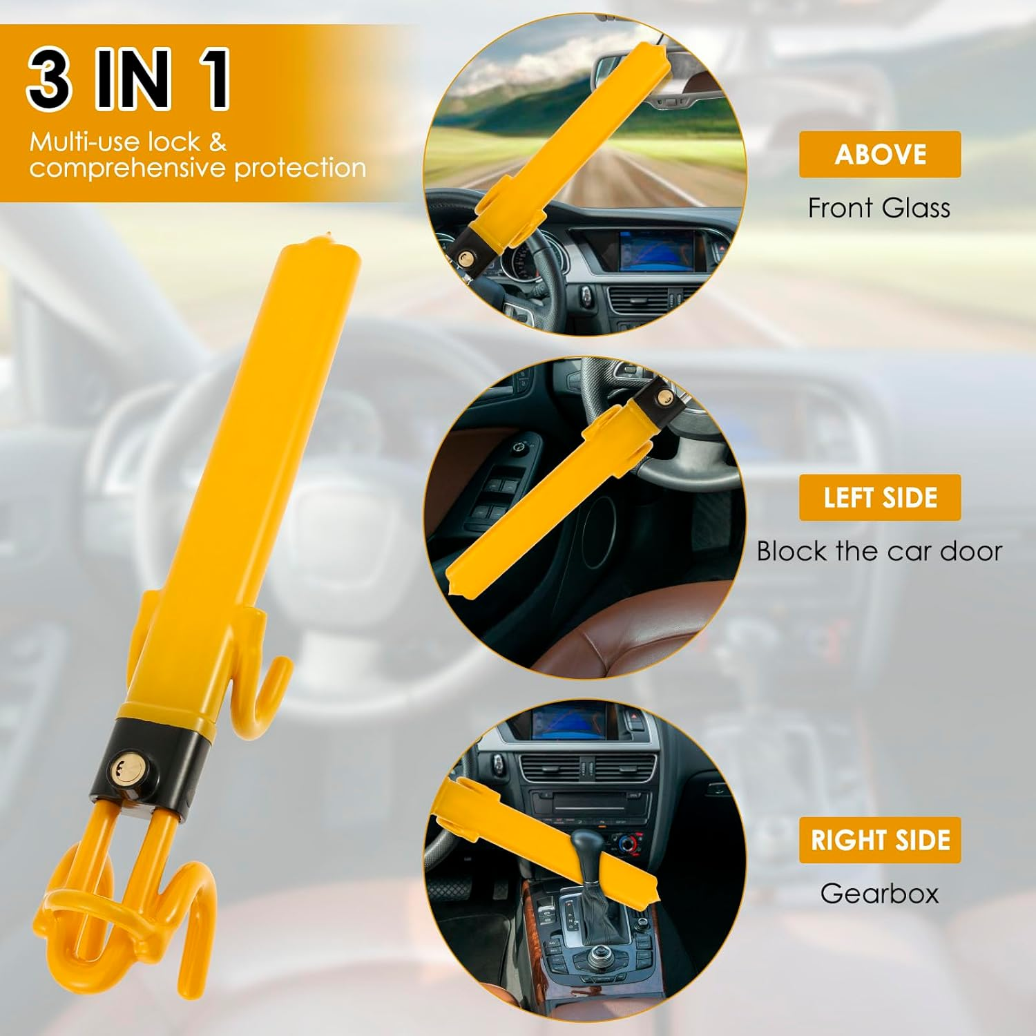 Steering Wheel Lock Anti-Theft Heavy Duty Car Device with 2 Keys Universal Car Steering Wheel Lock with Double Hooks Design Adjustable Length for Cars Trucks Vans and Suvs(Yellow, 1Pc) image number 6