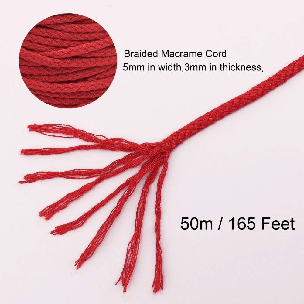 Tenn Well Braided Cotton Cord, 165 Feet 5Mm Wide Cotton Macrame Rope for Plant Hangers Wall Hangings DIY Crafts (Red)