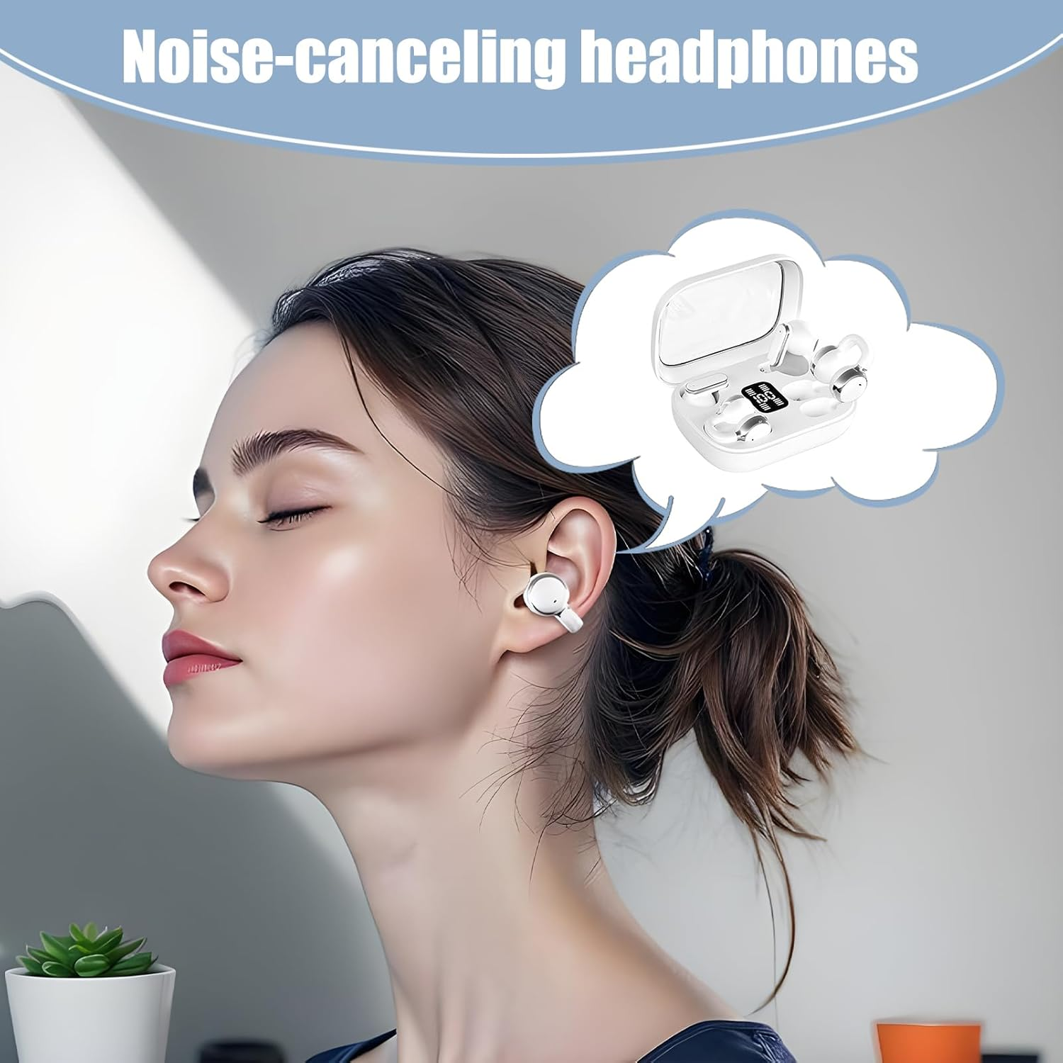 JIEBWCHA In-Ear Earbuds | Noise Cancelling Clip on Wireless Ear Buds,Noise Cancelling LED Display Sport Headphone Long Playtime Electronic Accessories for Workouts Running Phone image number 1