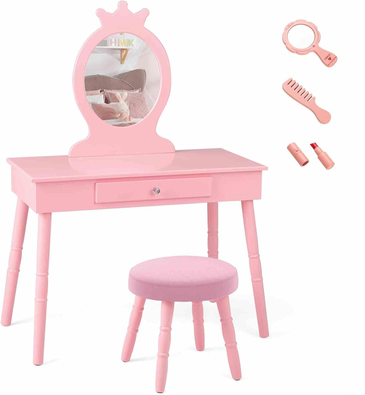 Costway Kids Vanity Makeup Table Set, Princess Vanity Table & Chair Set, Makeup Dressing Table with Drawer and Cushioned Stool, Vanity Desk with Real Mirror for Little Girls (White)