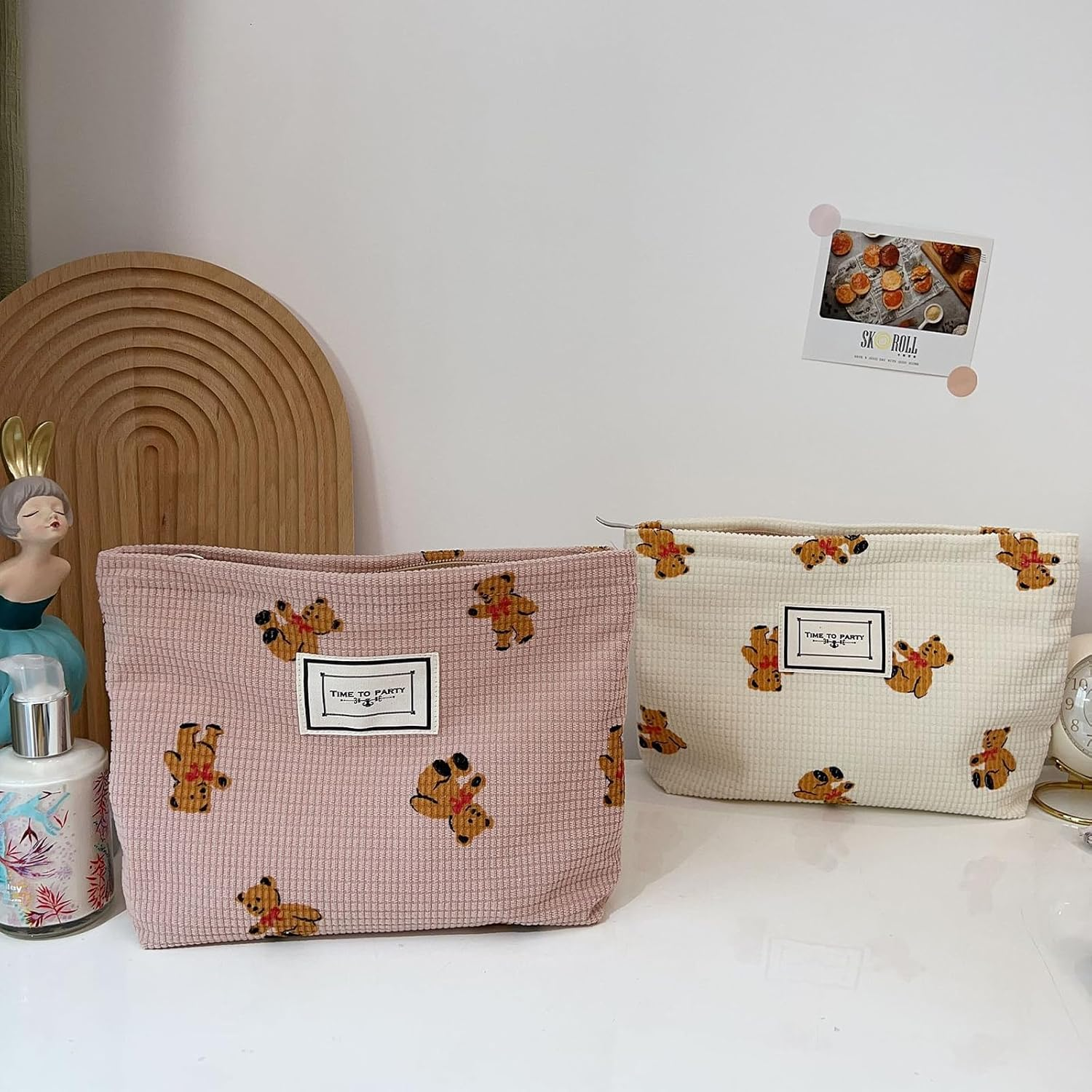 Gidary Cosmetic Bag Makeup Bag Preppy Cute Teddy Bear Corduroy Toiletry Bag for Women Travel Essentials (White-2) - White-1 image number 2