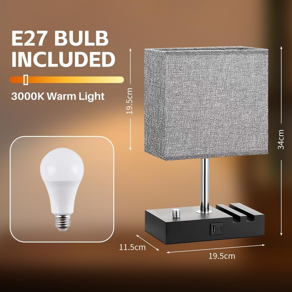 Clora Bedside Lamp with USB A+C Charging Ports, Dimmable Table Lamp with 2 Phone Stands and Fabric Shade 6W LED Bulb Included Nighstand Light for Living Room Bedroom Home Office Dorm Gift image number 1