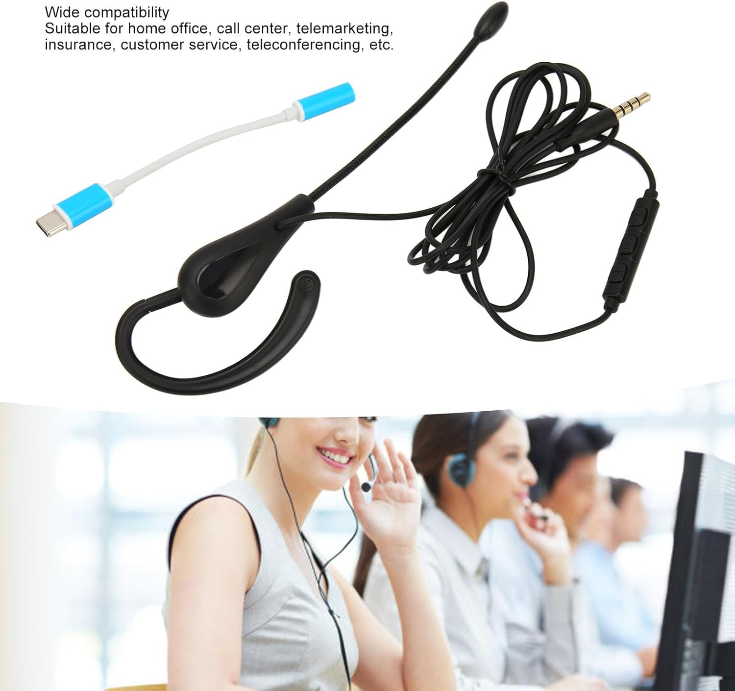 Annadue Lightweight Mono Earphone Headset Noise Cancelling Microphone Wired for Call Centre Office (Type-C) image number 6