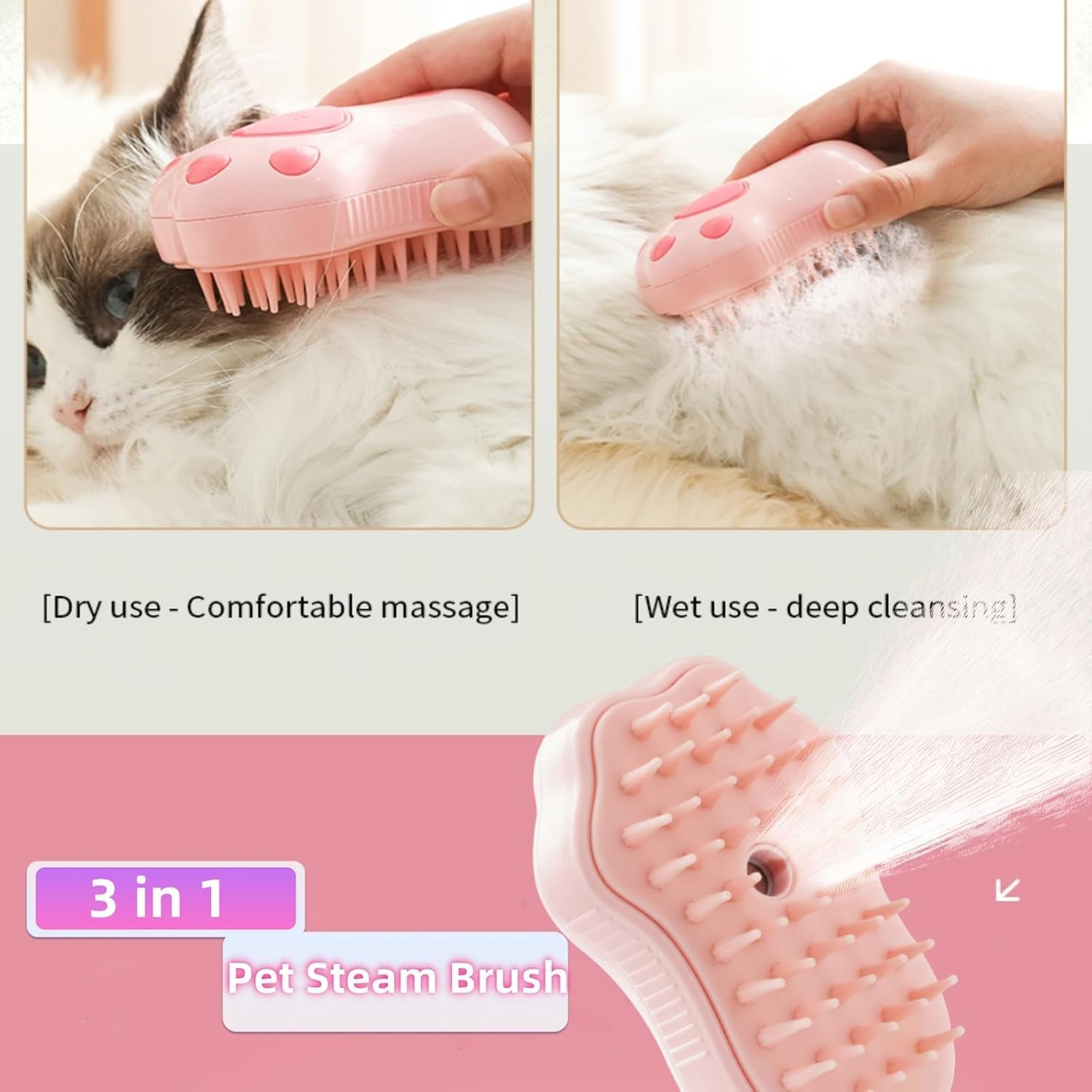 3-In-1 Steam Brush for Cats and Dogs &ndash; Upgraded Self-Cleaning Pet Grooming Brush with Silicone Bristles, Fine Mist Spray, and Massage Function for Shedding and Detangling Fur (Pink) image number 1