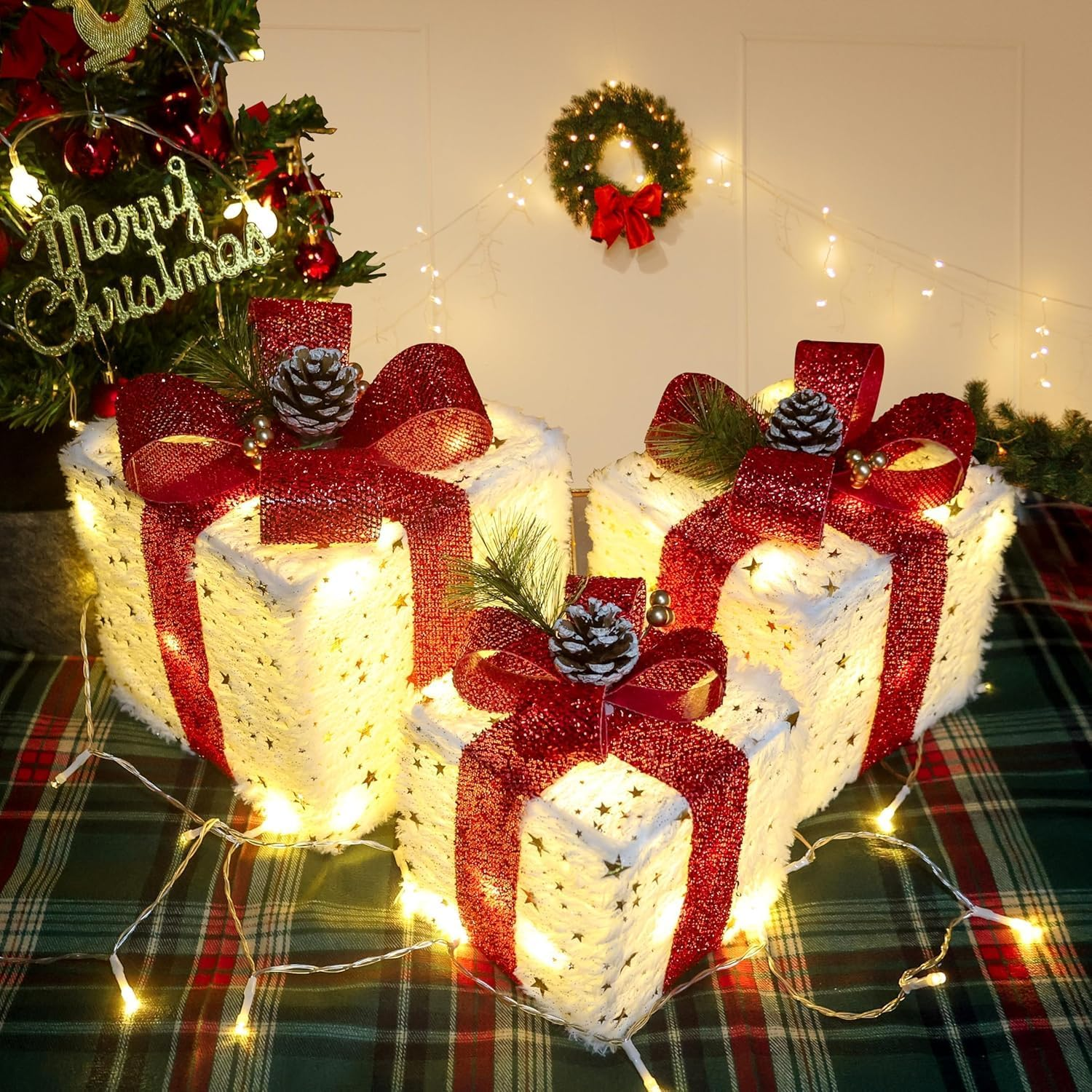 Christmas Lighted Gift Boxes Decorations, Set of 3 Light up Present Boxes Ornament with 8 Flashing Modes & Function, Christmas Tree Decorations for Indoor Home, Party, Lawn Decor image number 3