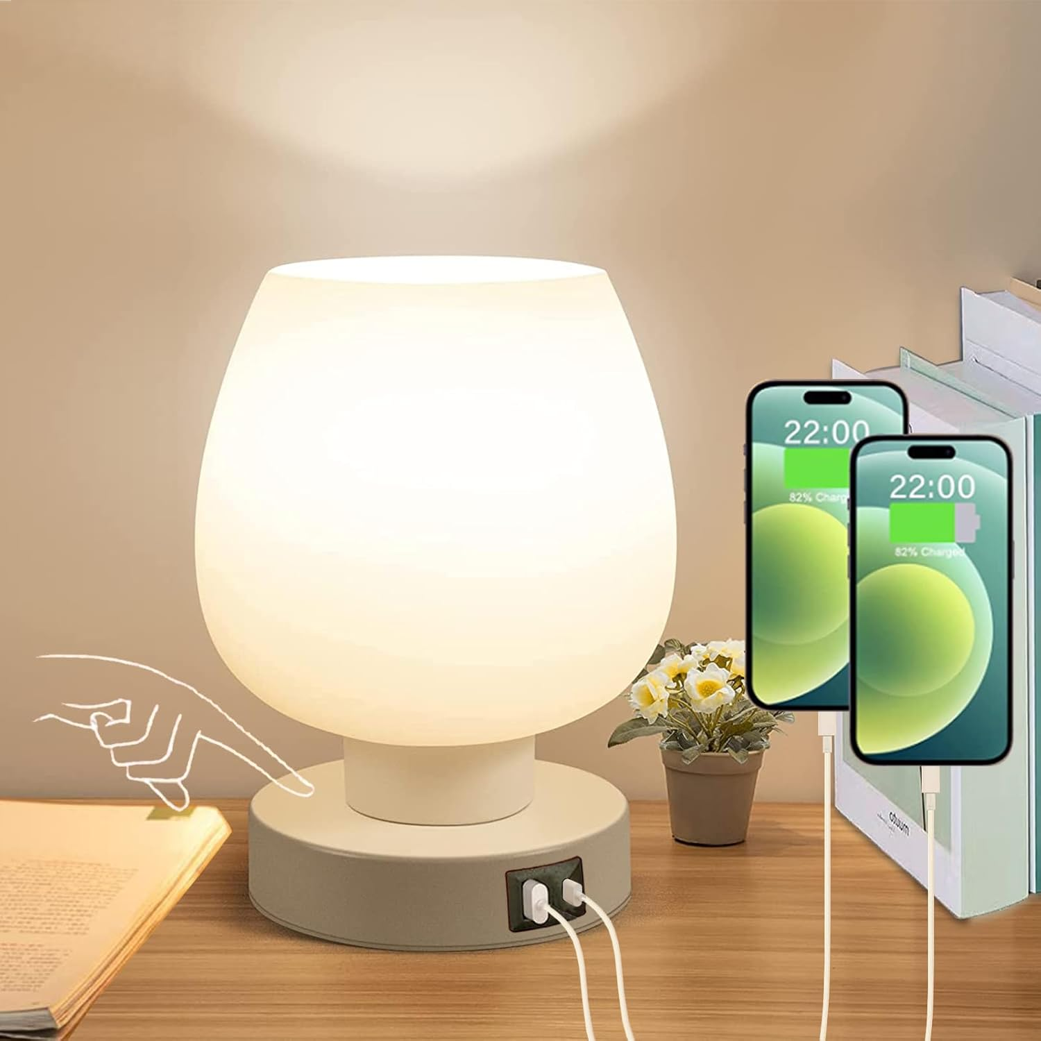 Touch Bedside Table Lamp with 2 USB Charging Ports, 3 Way Dimmable Bedside Lamp with White Opal Glass Lamp Shade, Touch Table Lamp for Bedroom Nightstand, Living Room, Dorm, Home Office