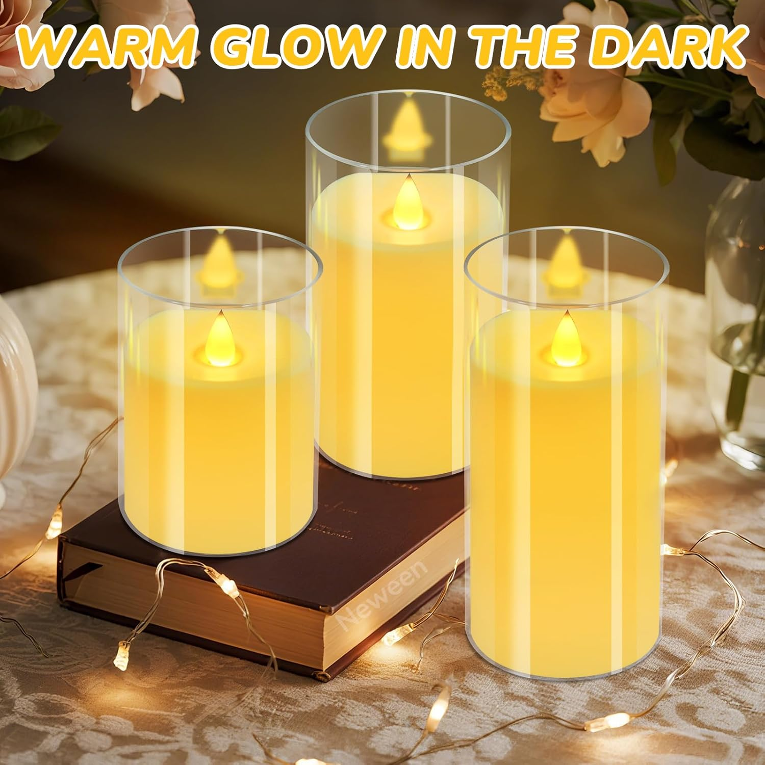 Neween Flickering Flameless Candles Set of 3, 3D Moving Wick Acrylic Battery Operated LED Pillar Candles with Remote and Timer for Christmas Halloween Valentine Party Decor (Clear, D3 H4 5" 6") image number 2