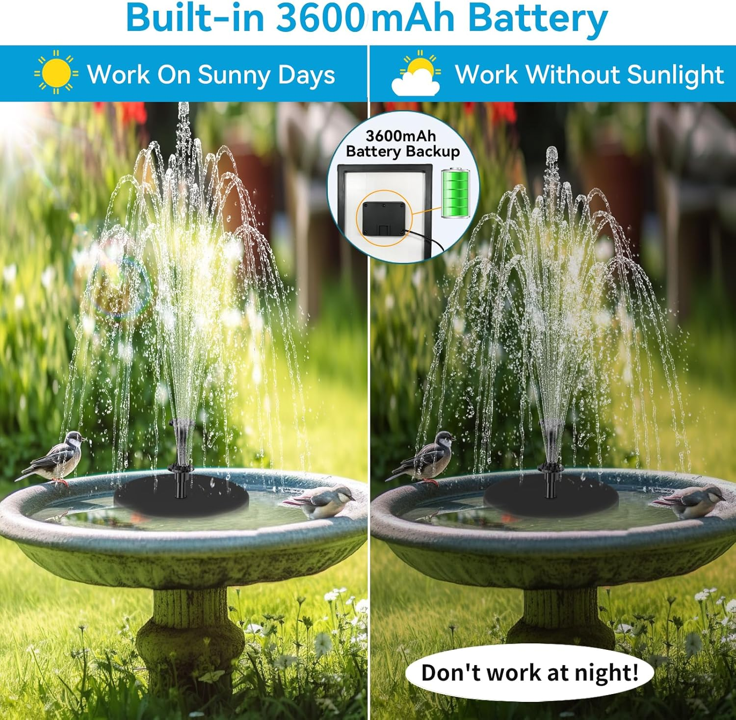 POPOSOAP Solar Fountain Pump Built-In 3000Mah Battery, 7W Solar Bird Bath Fountain Pump 16.64Ft Cable, 10 Nozzles & PVC Tubing, Solar Pond Pump for Bird Bath Garden Fish Tank Pond Water Feature Black image number 6