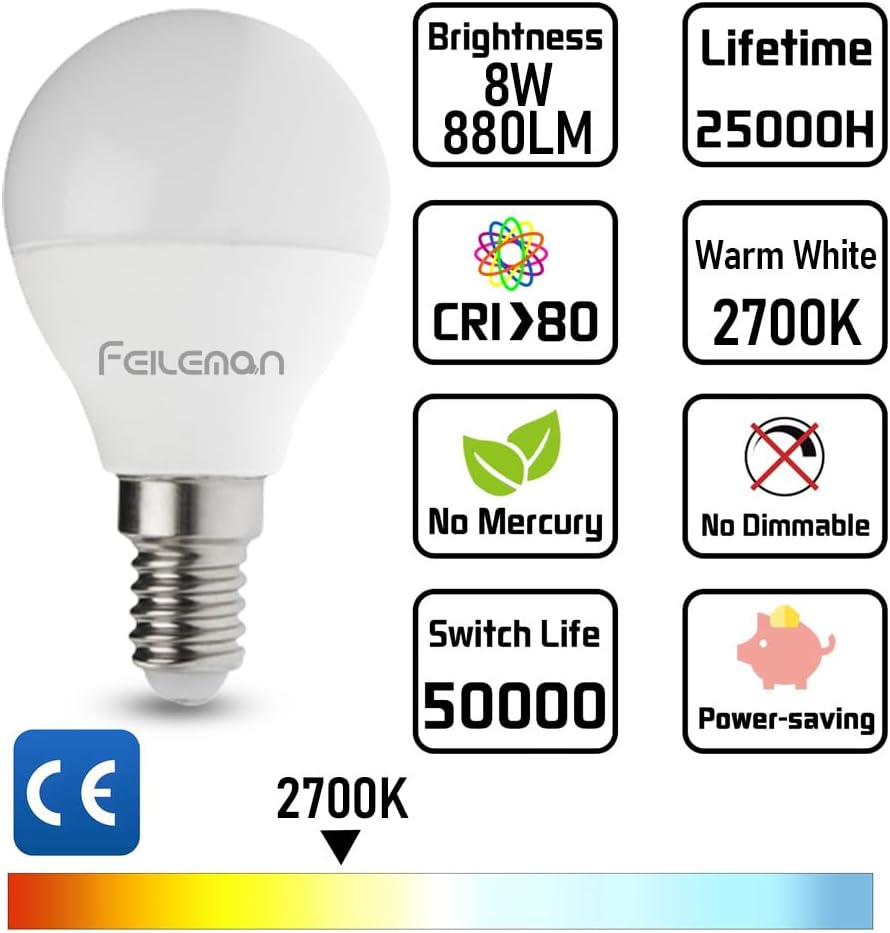 FEILEMAN E14 LED Light Bulbs Small Edison Screw P45/G45 2700K Warm White 8W (Replaces 70W) 880LM Super Bright E14 SES Golf Mini Globe Bulb No Dimmable, Pack of 6 image number 3