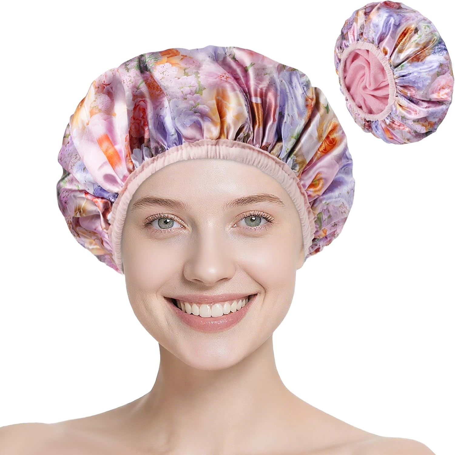 Upgraded Waterproof Terry Shower Caps, Reusable Shower Cap for Women with Long Hair, Soft Absorbent Hair-Protecting Towel Lining Bath Cap, Large Leak-Proof Hair Cap with Fashionable Print Outer-Blue
