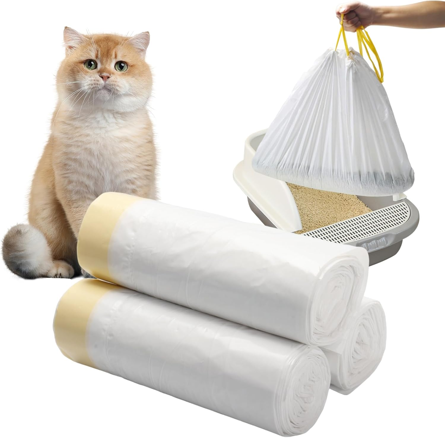 Cat Litter Tray Bags with Drawstrings, 3 Rolls X 60 Pieces Cat Litter Bag Bin Bags with Carry Handle, Durable Tear-Resistant Cat Litter Bag, Self-Cleaning Cat Litter Box Bin Liners, 58 X 35 Cm