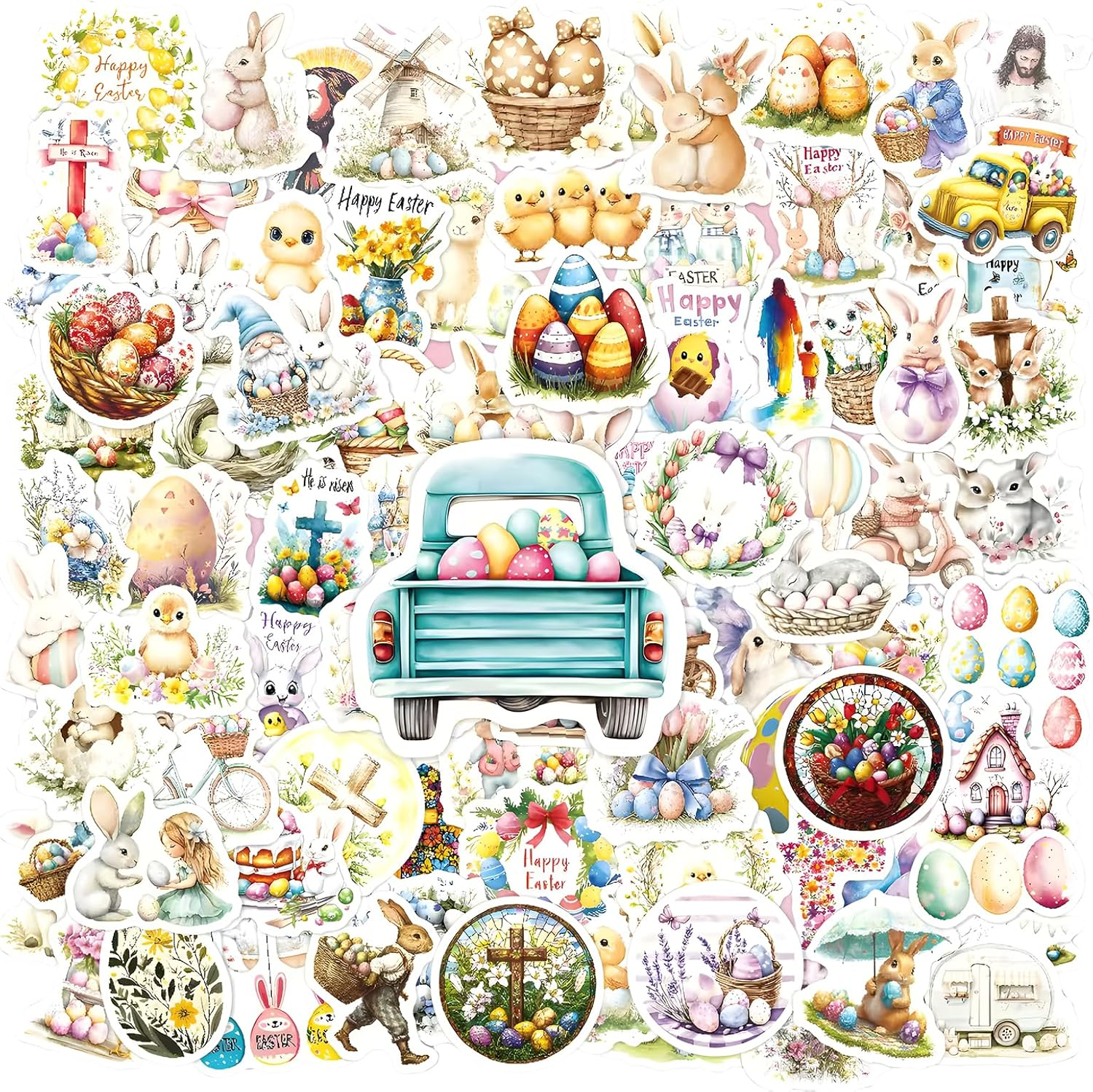 100Pcs Easter Stickers Pack - Bunny Rabbit Designs for Kids, Waterproof Scrapbook Stickers for Water Bottles, Journals, and DIY Crafts