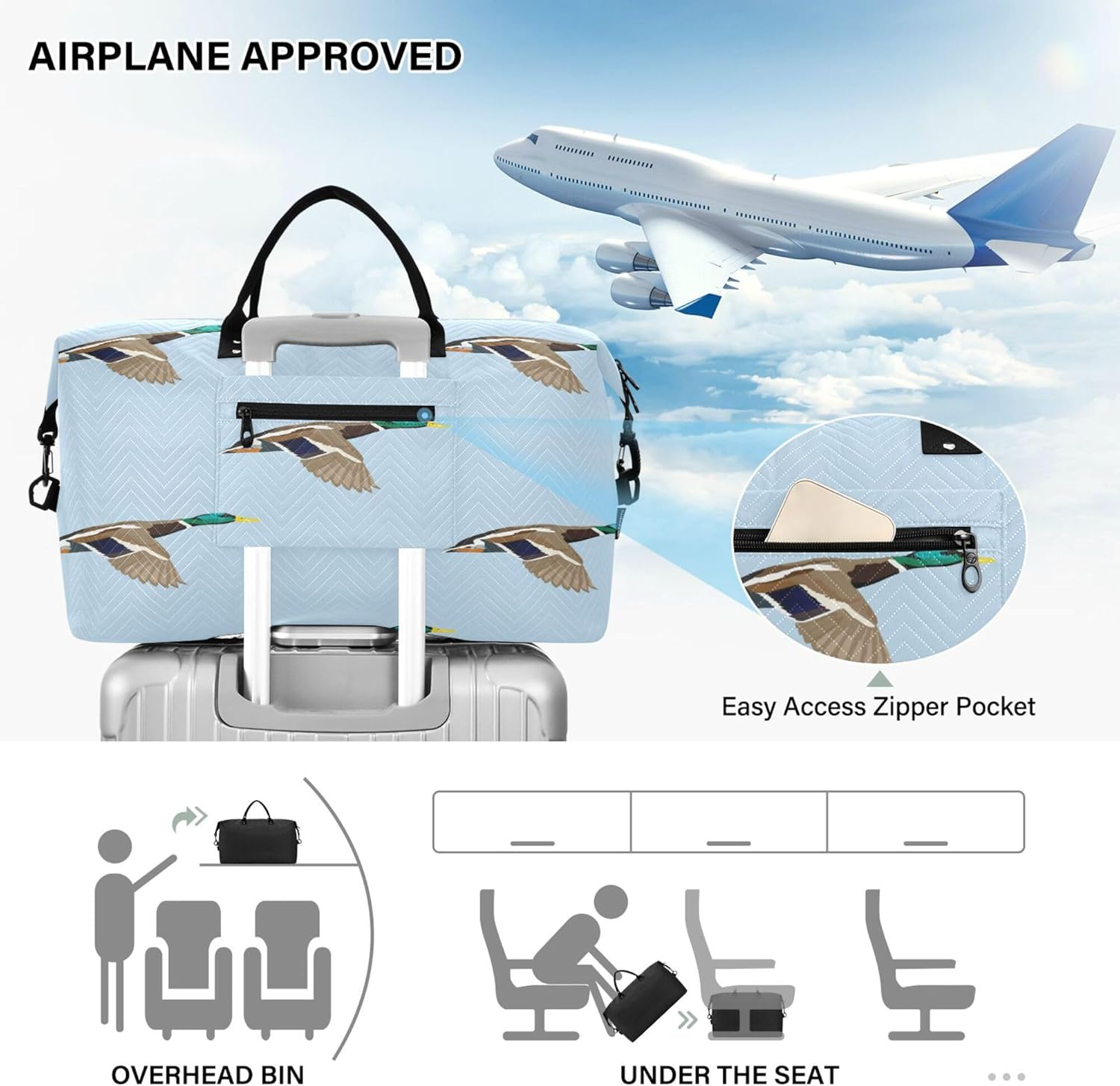 Duffel Bags Workout Bag Weekend Bag with Adjustable Strap for Trekking Multifunctional Bird Duck, Multi, One Size, Modern/Fitted, Multi, One Size, Modern/Fitted image number 5