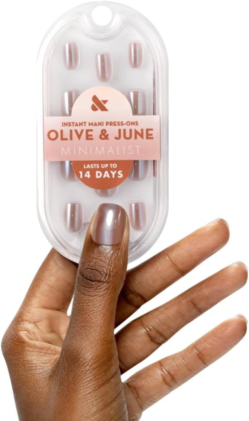 Olive & June Mani Minimalist Instant Press on Nails (Glue) | Taupe | Extra Short, Squoval 42 Fake Nails, 21 Sizes Non-Toxic, Long-Lasting Barely-There Look | Taupe Jelly Chrome image number 4