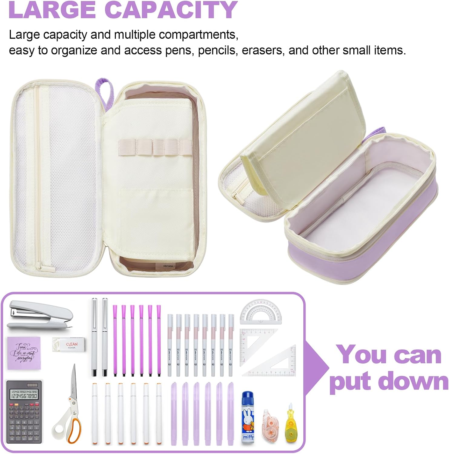 YOKUMA Pencil Case Cute Pencil Pouch for Girls Big Capacity Pen Bag Box, Kawaii Aesthetic College School Supplies for Student Teen Adults Preppy, Purple image number 1