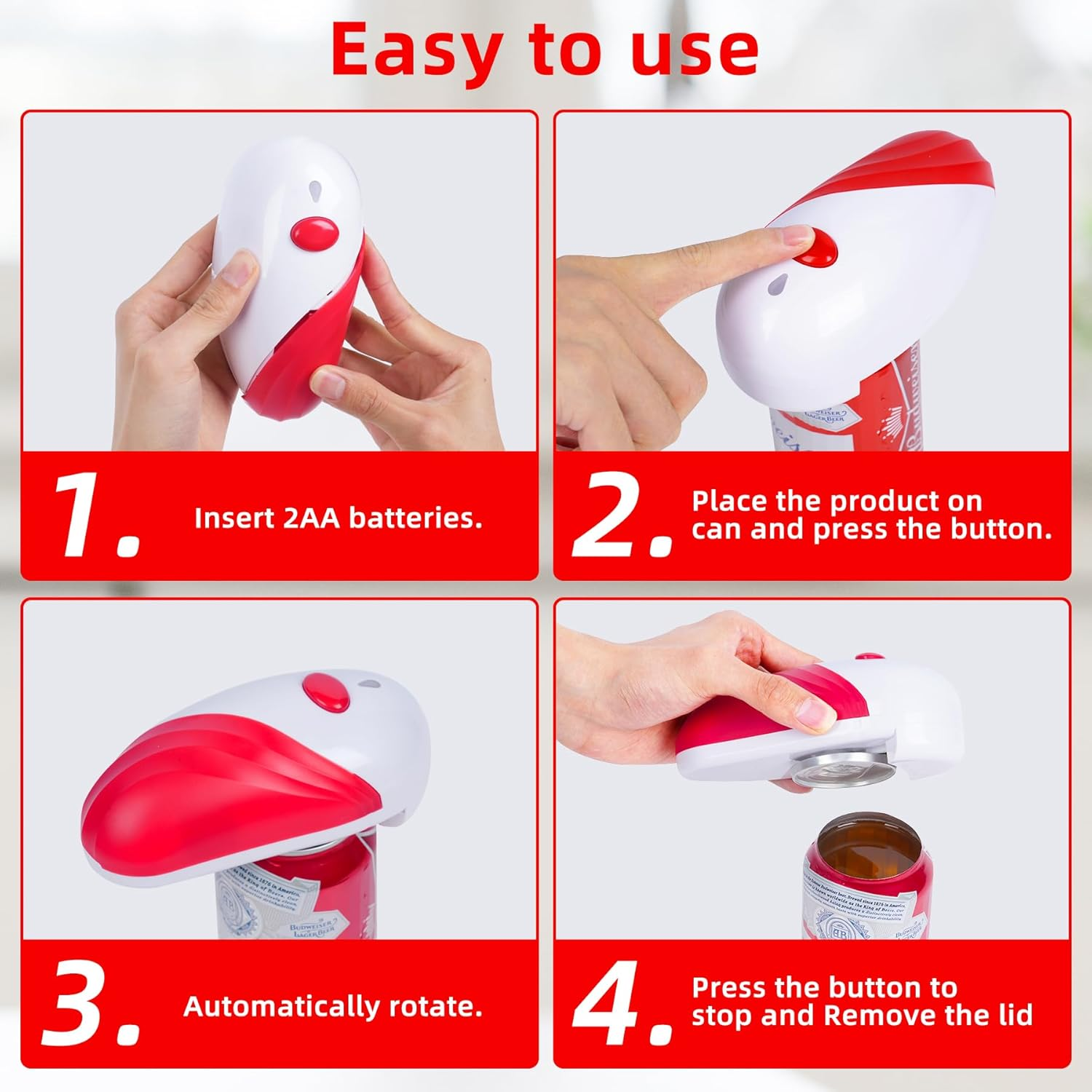 Electric Can Opener Kitchen Gadgets: One-Touch Automatic Can Opener Smooth Edge for Seniors - Safe Magnetic Catches Cover Hands Free Kitchen Appliances Opens Almost Any Can Red image number 4