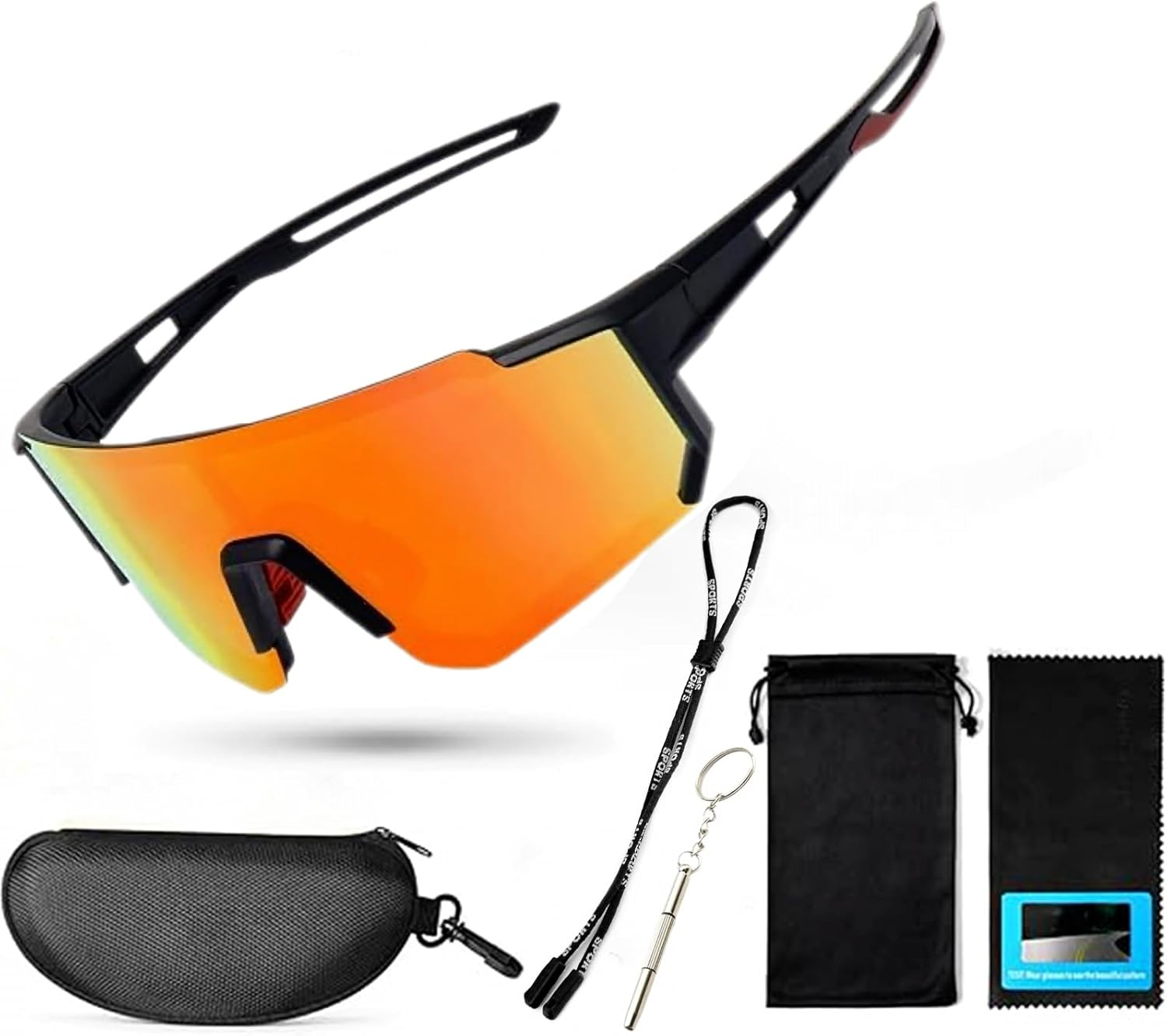 Polarized Sports Sunglasses for Men Women,Driving Fishing Cycling Mountain Bike Sunglasses UV400 Protection (Black Frame-Red Mirror Lens)