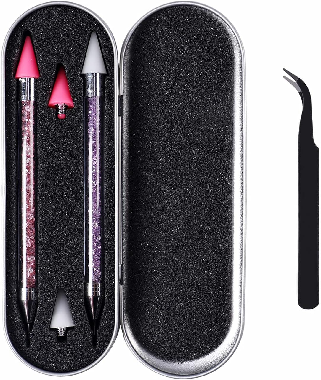 ANGNYA 2 Pack Rhinestone Picker Dotting Pen with 2 Replaceable Wax Tips and ​1X Tweezer, Dual-Ended Diamond Picker Tools for Nails,Wax Pencil for Rhinestone Stainless Steel Double Head(Pink Purple) image number 5