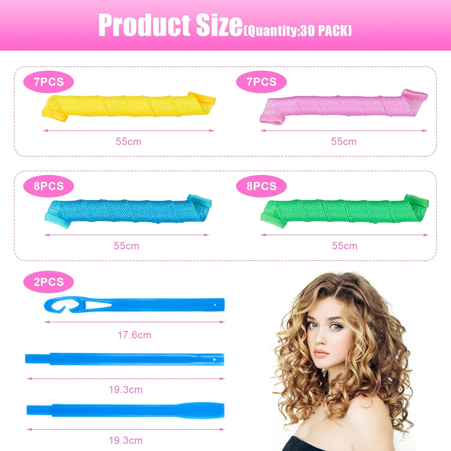 RANJIMA Overnight Hair Rollers, Pack of 30, Large Curls, 55 Cm Spiral Curls, Waves without Heat, Curlers with Styling Hooks, Heatless Hair Curler for Long Hair, Short Hair image number 2