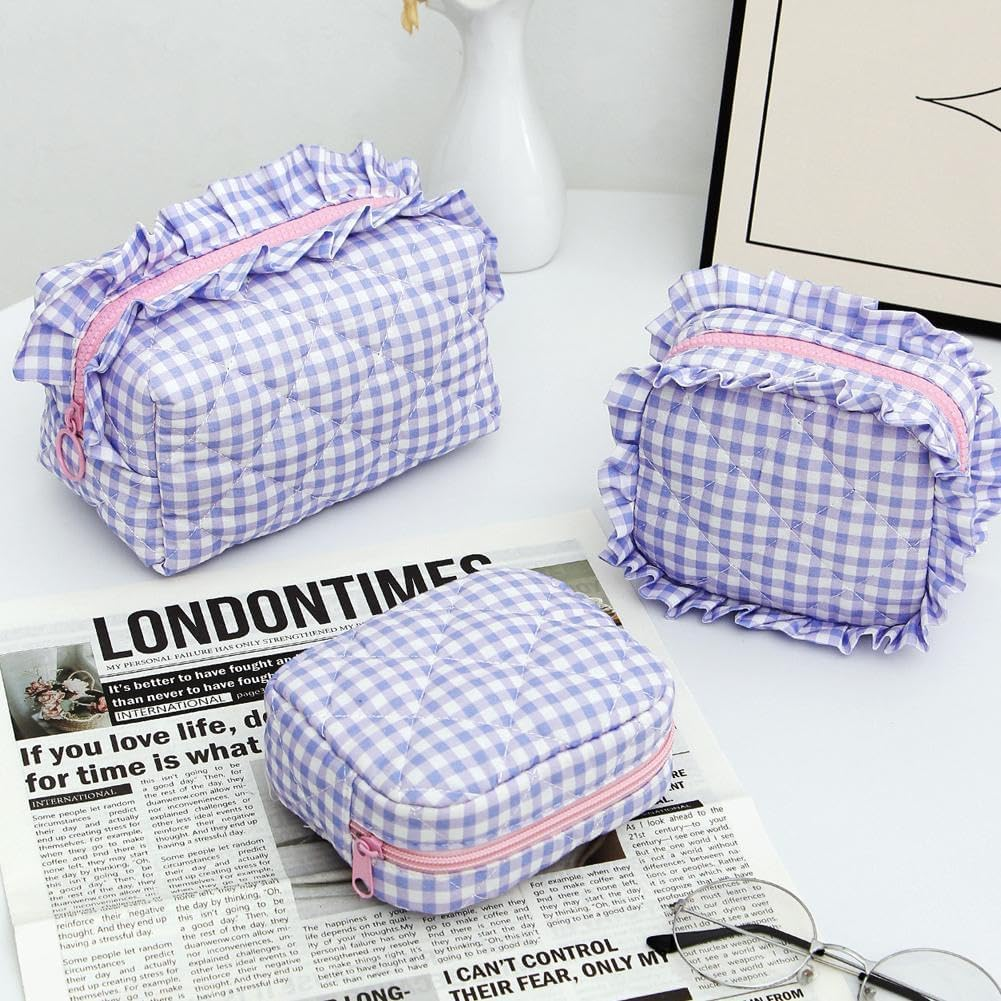 Gingham Ruffle Makeup Bag,Large Travel Cute Cosmetic Bag for Women,Cotton Zipper Pouch and Accessories Storage Bag, Travel Pouch,Aesthetic Puffy Toiletry Bag Make up Organizer (Purple) image number 1