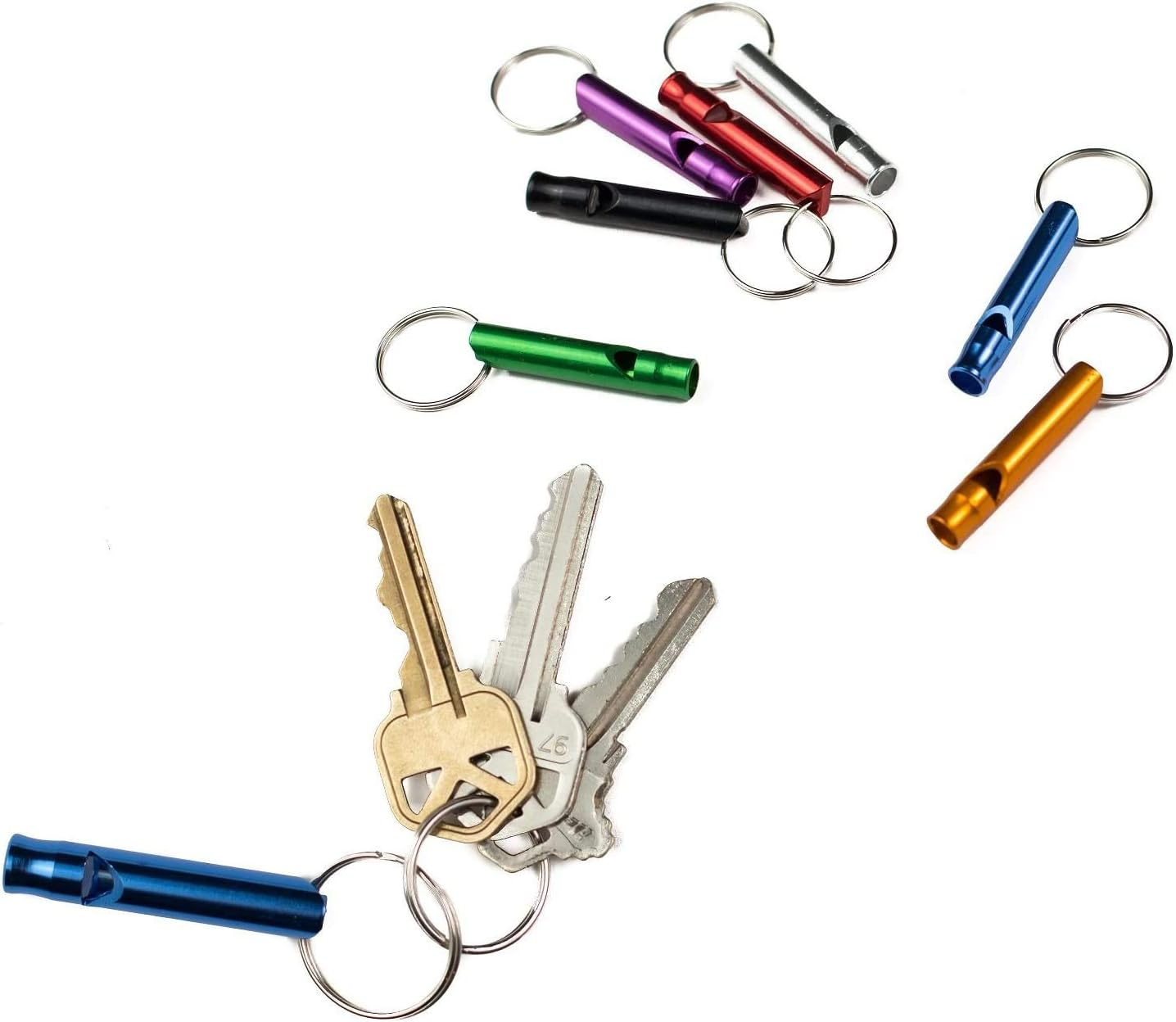 Set of 12 Extra Loud Whistles for Camping Hiking Hunting Outdoors Sports and Emergency Situations, Sturdy but Light Aluminium Key Chain Signals