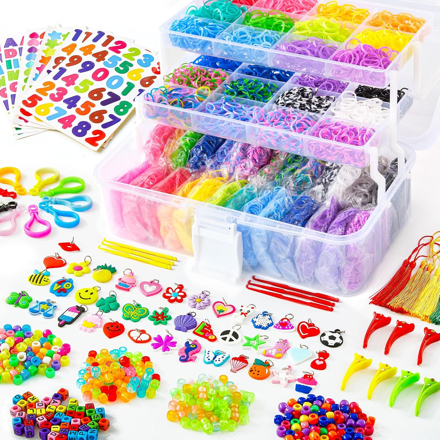 INSCRAFT 17500+ Rubber Loom Bands with 3 Layer Transparent Container, 28 Colors, 600 S-Clips, 352 Beads, 40 Cartoon Pendant, Bracelet Making Refill Kit for Kids