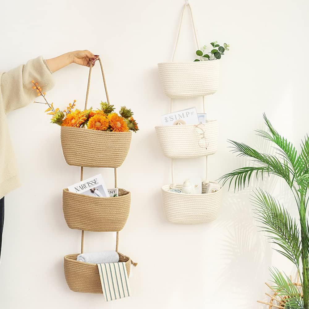 Teokj over the Door Hanging Baskets, 3-Tier Woven Cotton Storage Organizer Bag with Hooks Wall-Mounted Decorative Nursery Kitchen Baskets - White image number 3