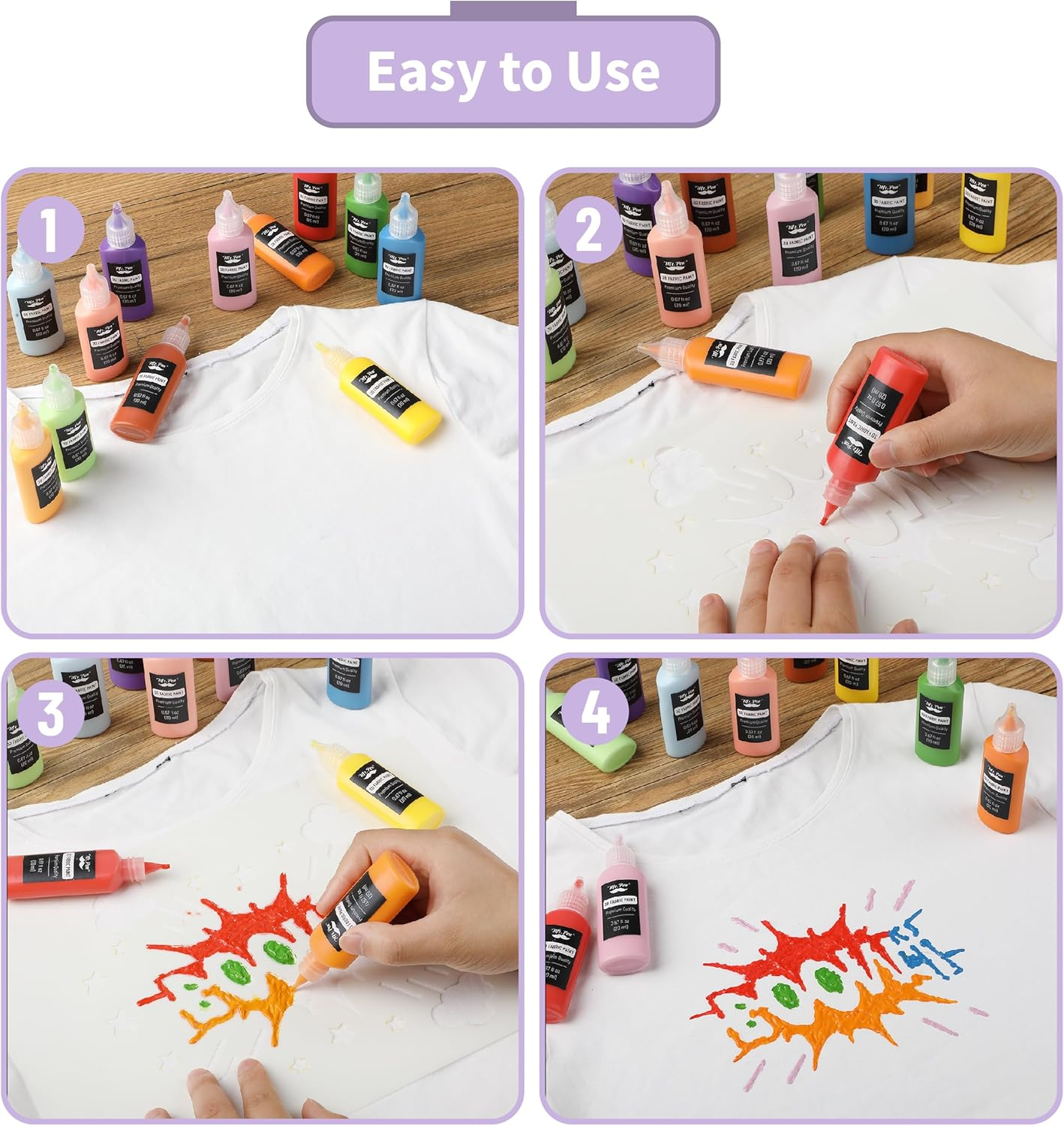 Mr. Pen- 3D Fabric Paint Set, 24 Pcs, 0.67 Oz, Permanent Fabric Paint for Clothes, Clothing, T Shirt, 3D image number 3