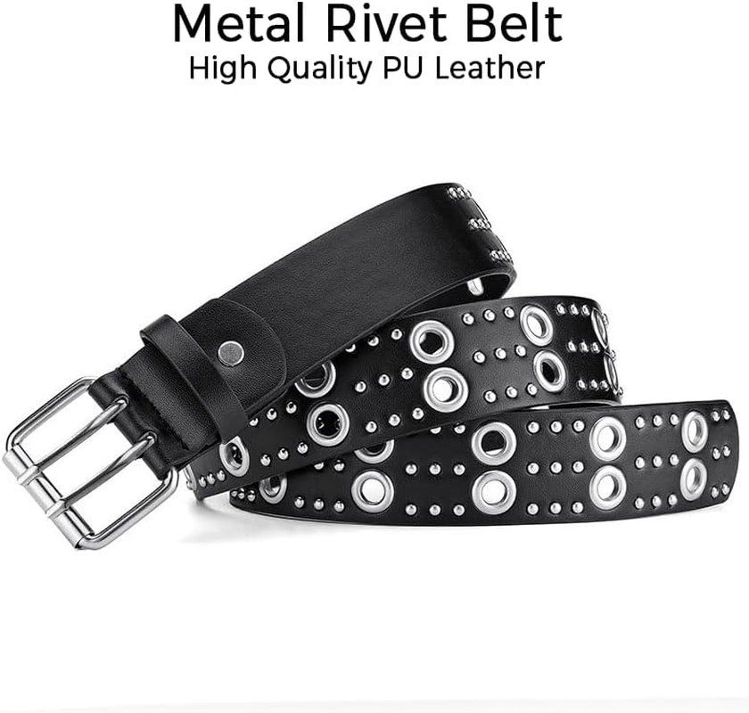 Y2K Punk Studded Leather Belt for Women Men Goth Emo Grunge Rock Double Buckle Belt Western Jean Clothes Accessories