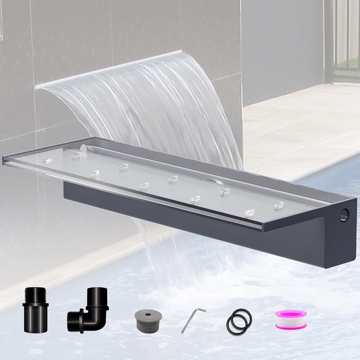 Pond Waterfall Blade Kit, 60Cm Acrylic Pool Fountain with Accessories, Width 18Cm Curved Outlet Spillway for Garden Patio Pond Decoration