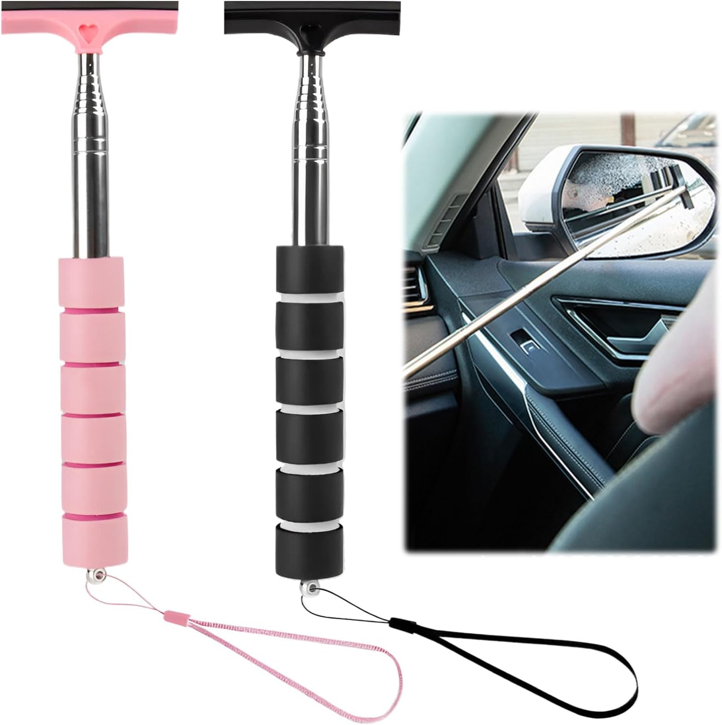 Wing Mirror Squeegee,2 PCS Car Side Mirror Squeegee,Car Rearview Mirror Wiper,Retractable Car Mirror Wiper，Mini Wing Mirror Wiper,Mini Squeegee for Car Windows Car Mirror(Black+Pink) image number 4