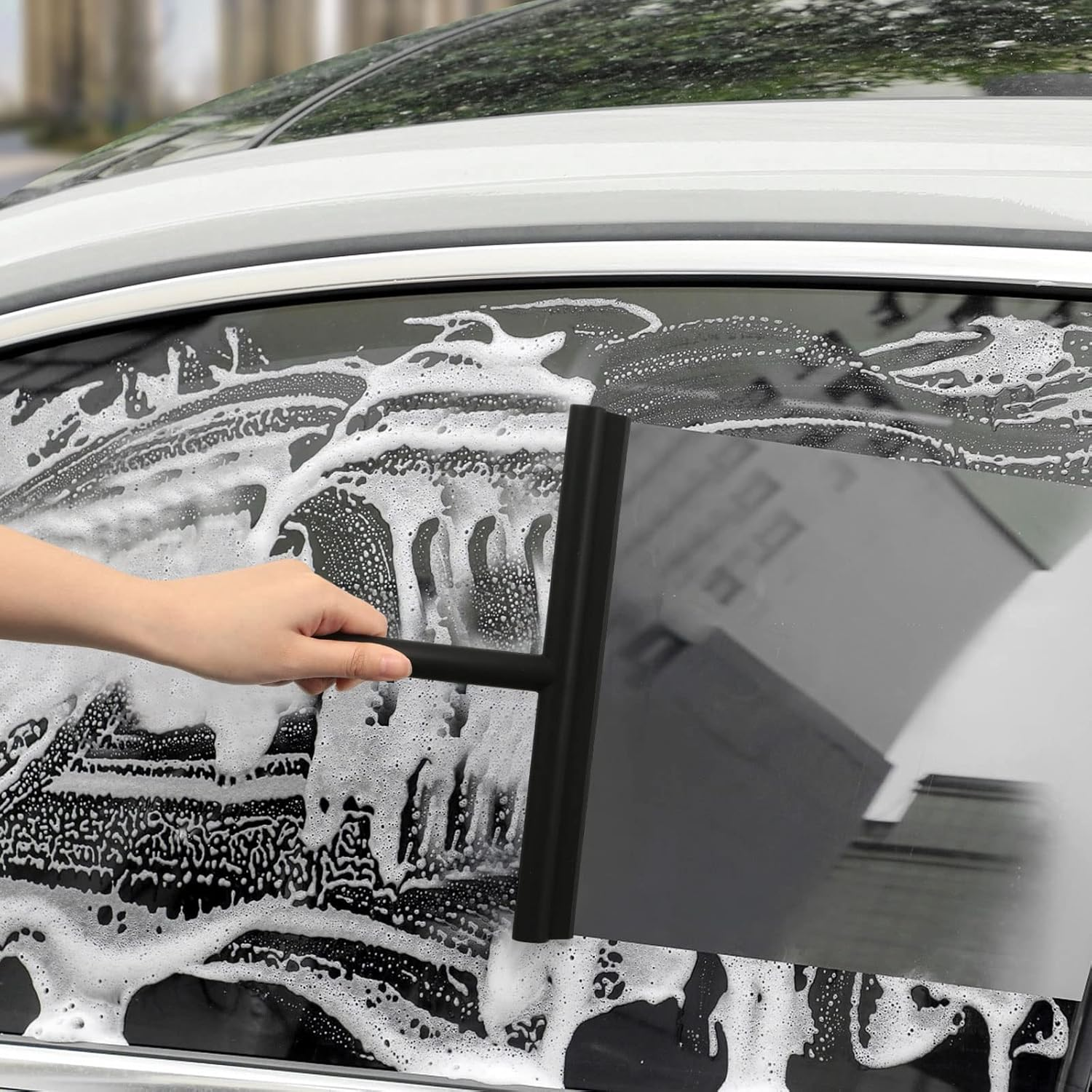 MOSUO Shower Squeegee, Shower Squeegee, Silicone with Holder without Drilling, Stainless Steel Core for Window Squeegee, Bathroom, Mirror, Glass Cleaning, Tiles, Car Windows - Black image number 5