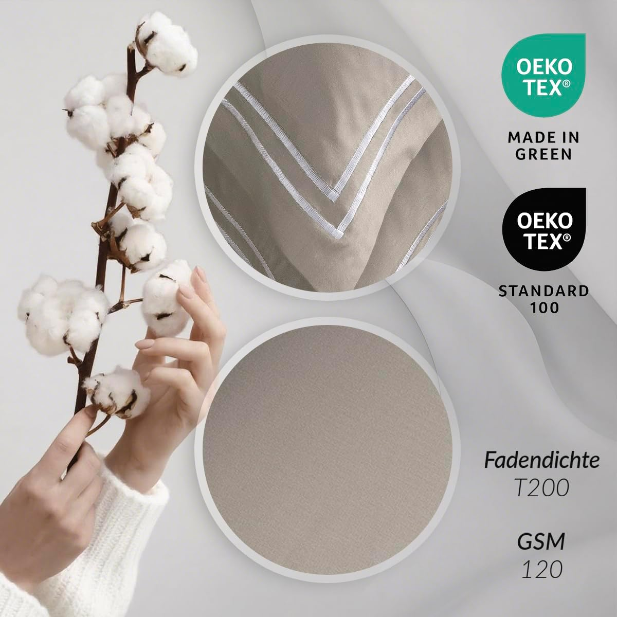 Pure Cotton 3-Piece Double Bedding Set - Duvet Cover 260 X 240 Cm & 2 Pillowcases 63 X 63 Cm - 100% Cotton Satin, 80 Thread Count, 120 GSM - Oeko-Tex Certified - Silhouette - White/Taupe image number 3