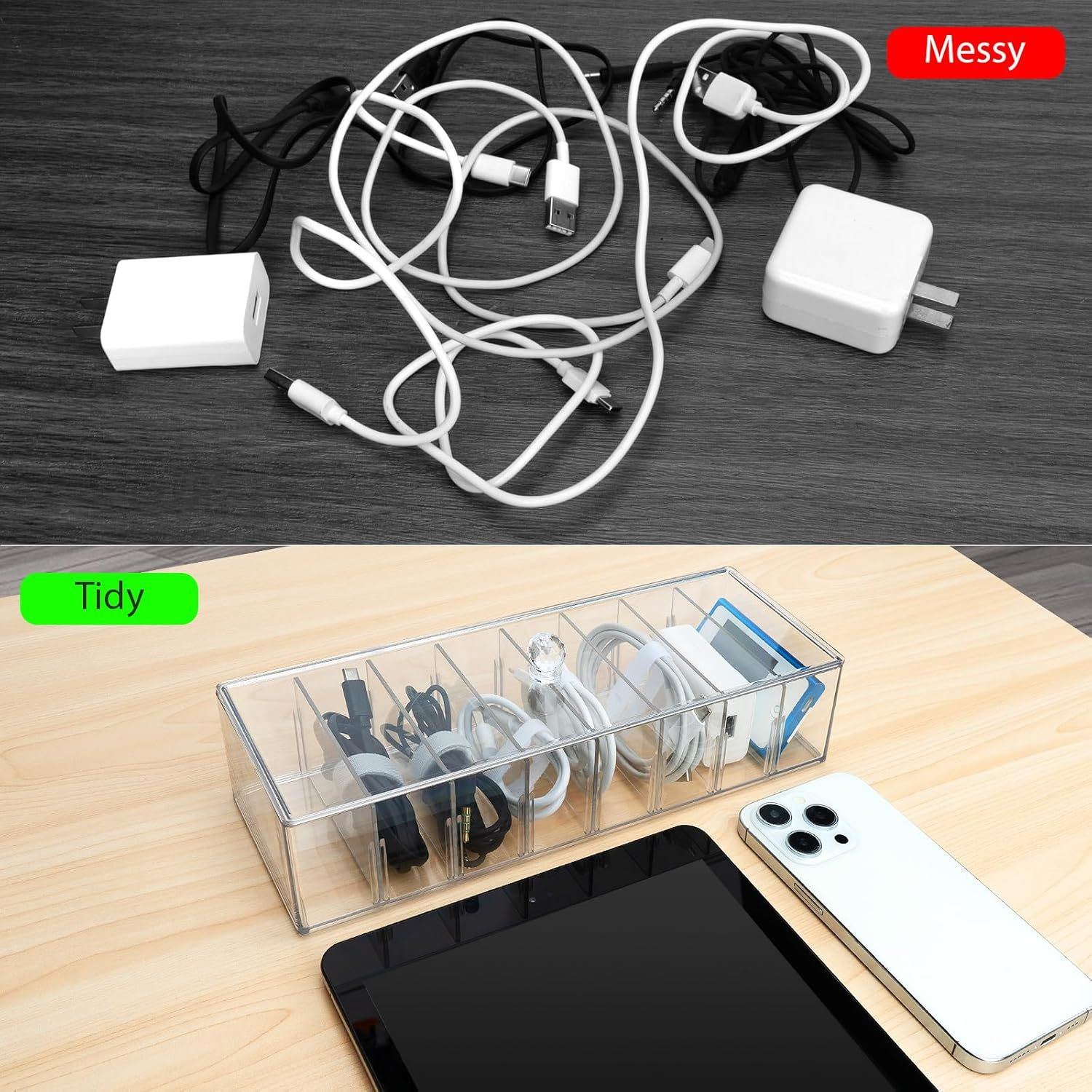Cable Organizer Box with 10 Wire Ties, Clear Charger Cord Storage Organizer Case, Desktop Drawer Accessories Power Wire Storage with 8 Compartments, Office, Home, Stationery Storage Supplies image number 1