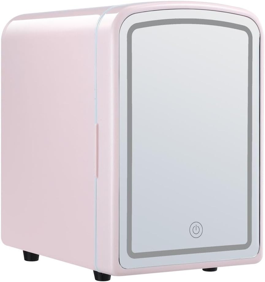 Maxkon 4L Beauty Mini Fridge (4 Liter/6 Can) with LED Light Makeup Mirror, Skincare Fridge for Refrigerating Make Up, Skin Care and Food, Portable Mini Fridge for Bedroom, Office and Car, White