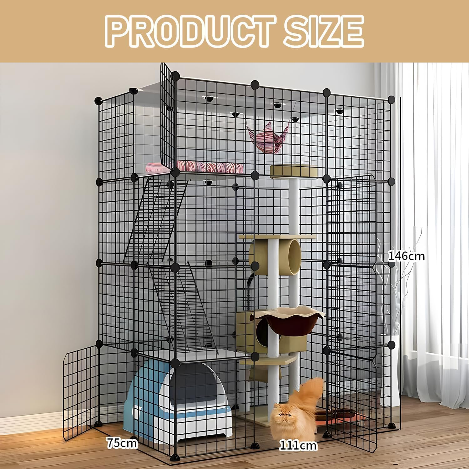 Enliansgo 4-Tier Cat Cage Enclosure, Large 111 * 75 * 146Cm Metal Wire House with Hammock, Cat Enclosures Detachable Metal Small Animal Cage Wire Fence Cage Indoor/Outdoor Cat Kennels for 1-3 Cats image number 1