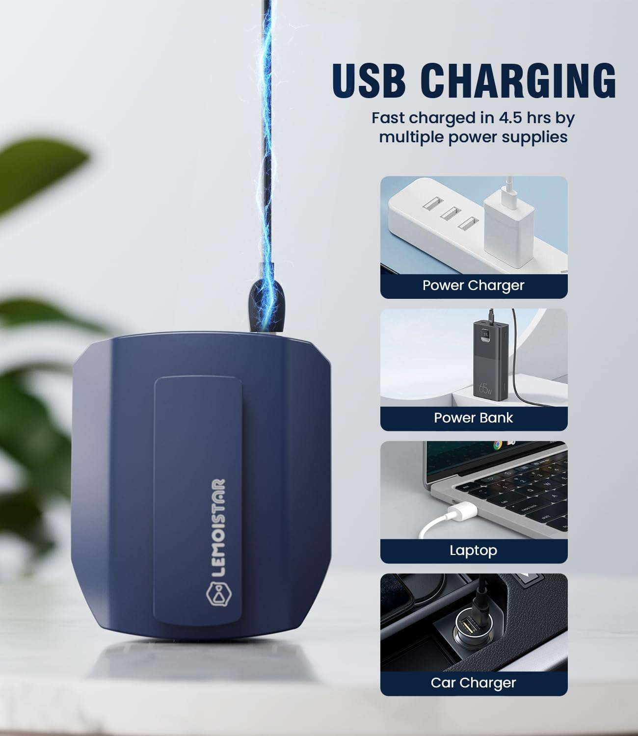 LEMOISTAR Portable Mini Waist Clip Fan, 5000Mah Battery Operated Hand-Free Wearable Necklace Fan, Max 20H Working Time, 3 Speeds, Rechargeable USB Personal Cooling Fan for Garden,Traveling-Blue image number 2