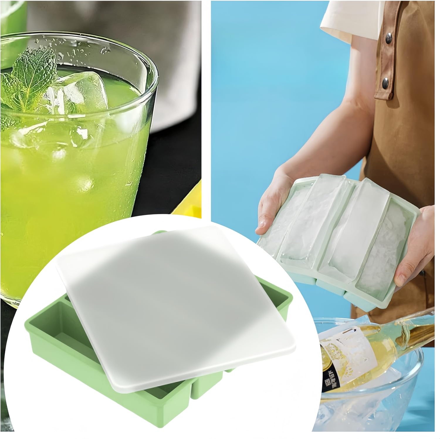 Ai-Oumleef Ice Cube Tray, Silicone Freezing Container Sticks with Lid, Silicone Mold, Water Bottle Ice Trays,Silicone Ice Trays,Reusable Long Ice Trays Make Slow-Melting Ice(Green) image number 1