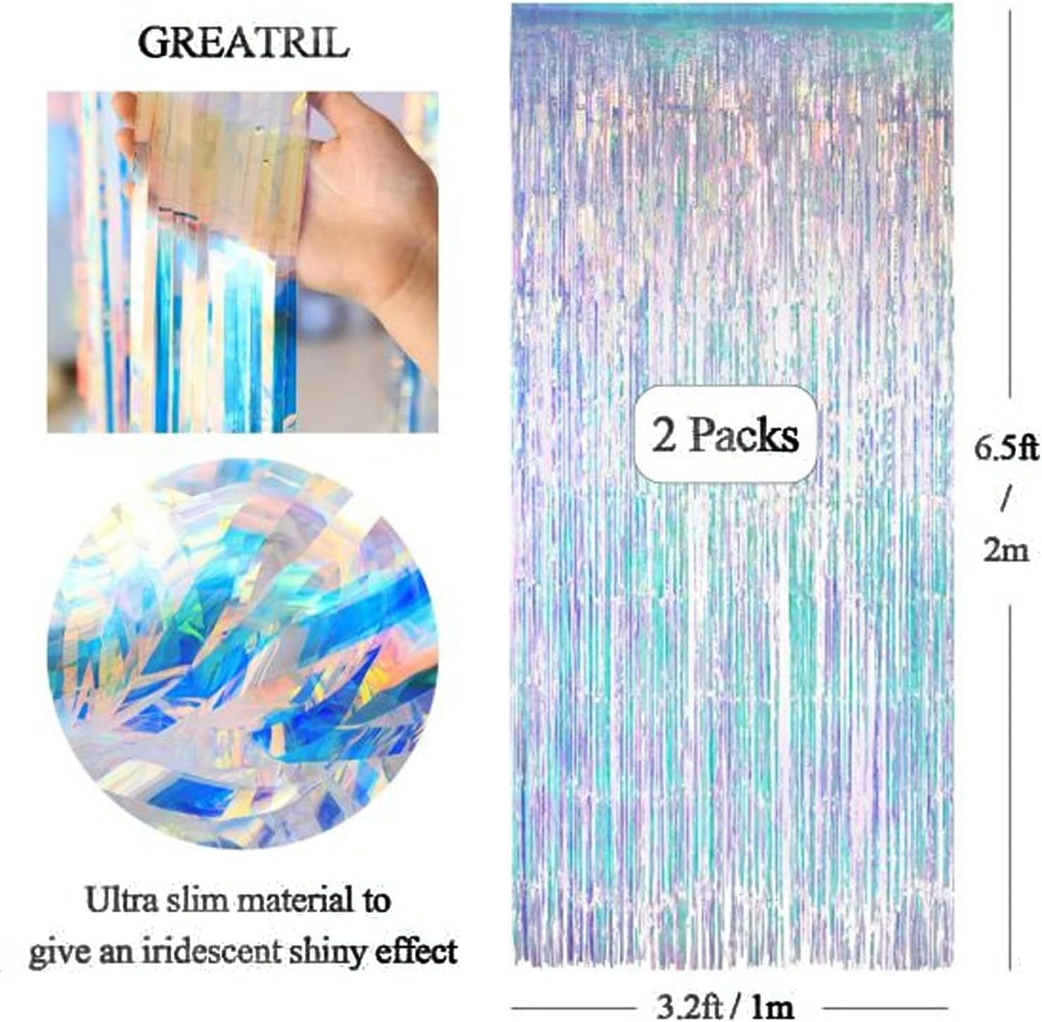 Tinsel Curtain Backdrop, 2 PCS Non-Fading Iridescent Metallic Foil Fringe for Wall Hanging & Decorative Use- Ermaoo image number 1