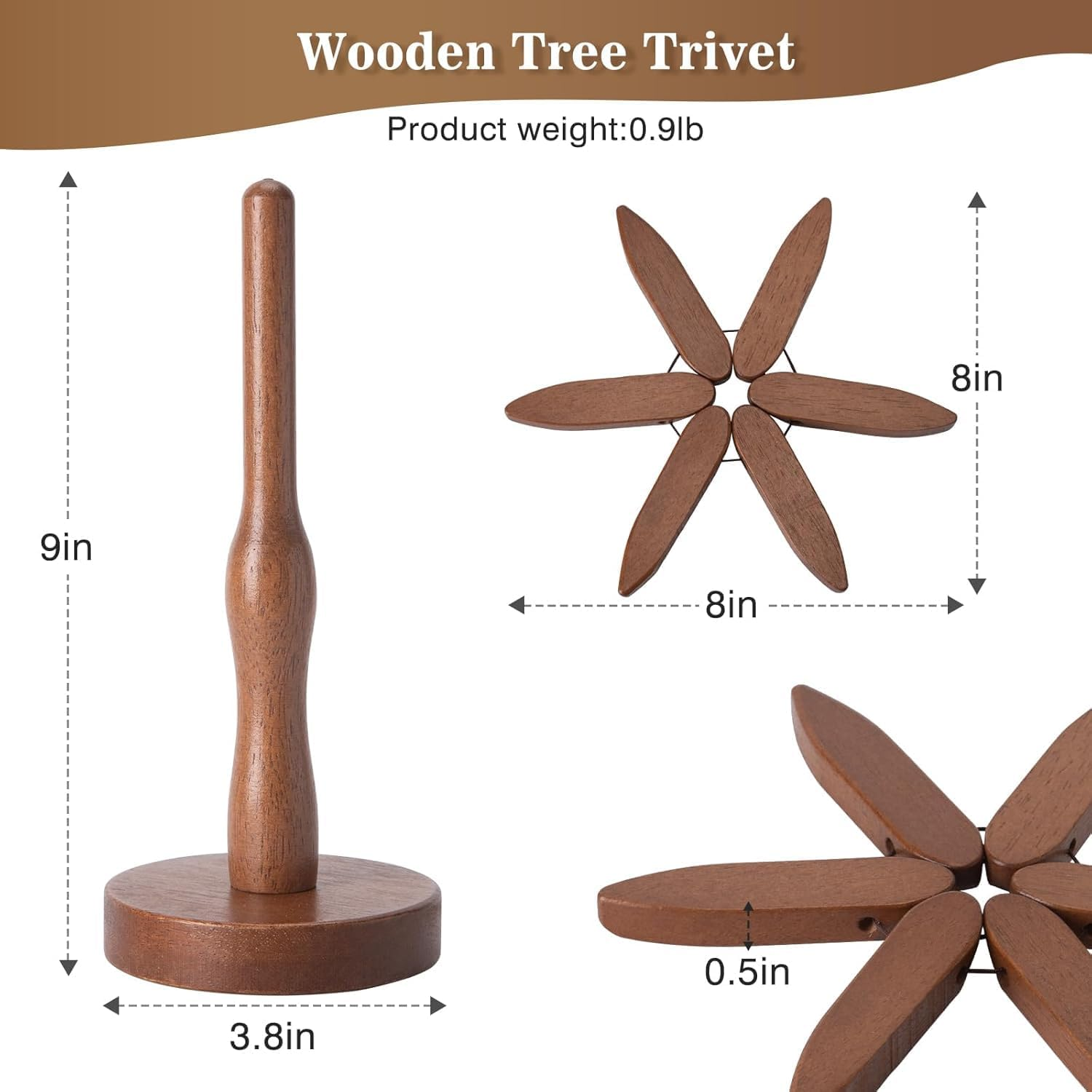 Wooden Tree Trivets Set of 4, Walnut Wood, Auto-Folding, Multi-Functional, Brown image number 1