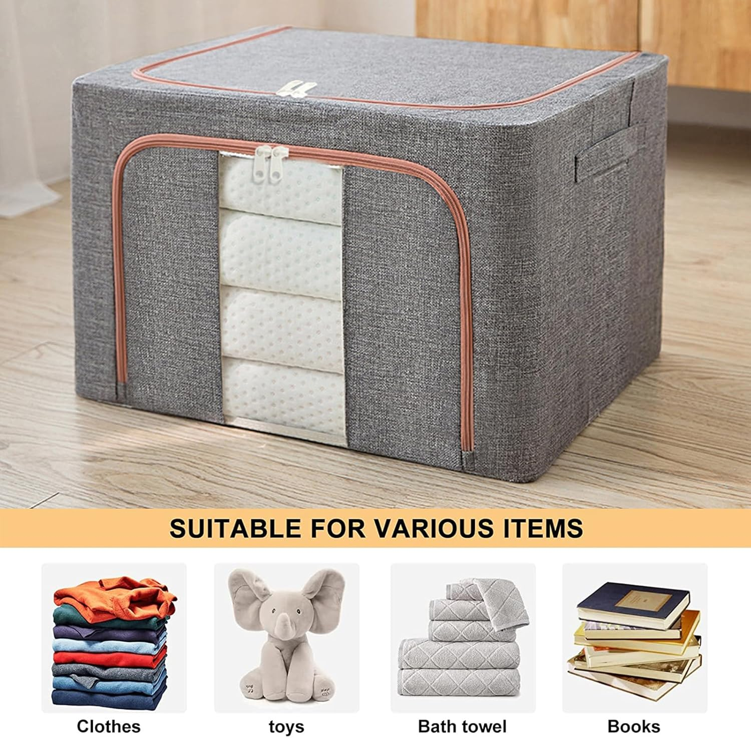2 Pack Clothes Storage Box with Zipper, 66L Foldable Linen Container with Handles Large Capacity Storage Organizer (Grey 66L) image number 5