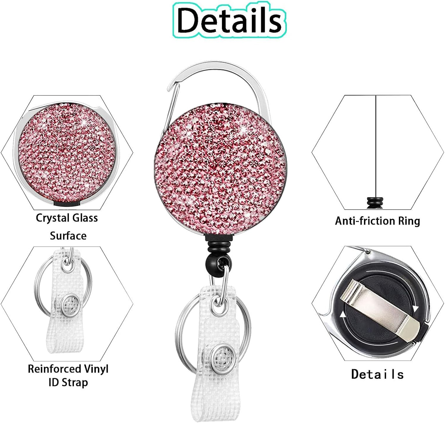 XUTONG 2PCS Retractable Badge Reel Carabiner Badge Holder with Bling Rhinestones Crystal,Badge Holders for ID Card Keychain (2Pcs Pink and Purple)