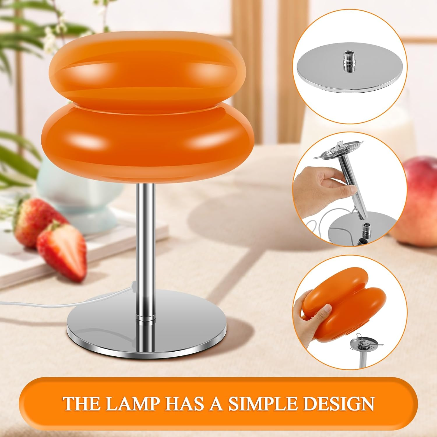 DJAPWPX Modern Egg Tart Glass Table Lamp Retro Cute Desk Lamp with 3 Color Dimmable Modes, Orange image number 4