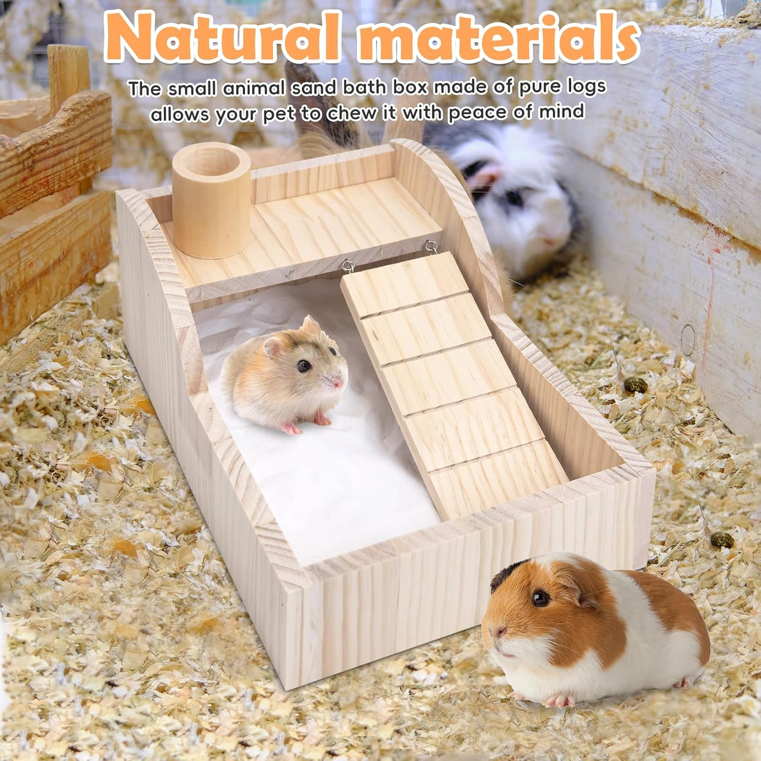 PINVNBY Hamster Sand Bath Box Wooden Shower Room Digging Sand Bathtub Container with Climbing Ladder Bowl Bathroom for Dwarf Syrian Mice Mouse Gerbils and Other Small Animals image number 2