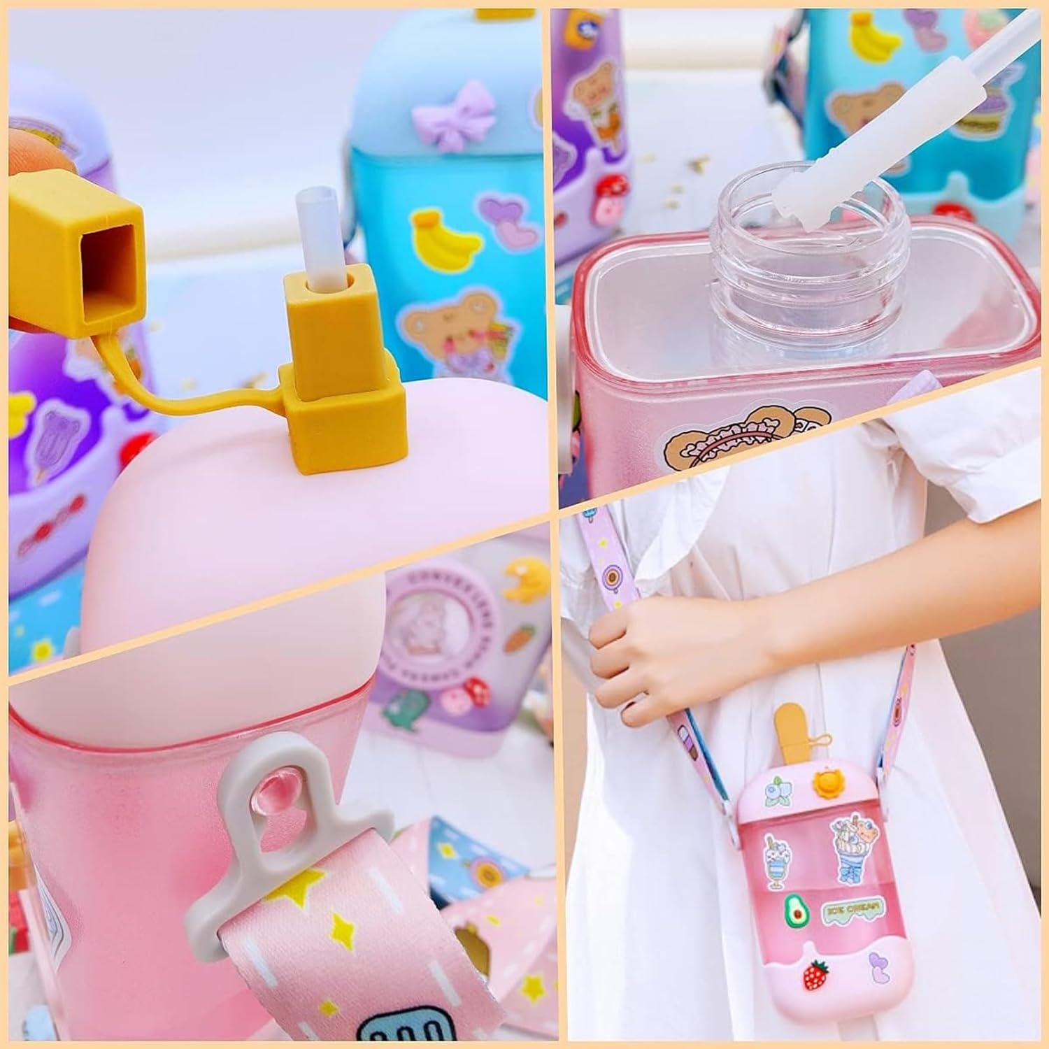 Kawaii Water Bottle Cute Ice Cream Water Bottles with Straw, Kawaii Popsicle Water Bottle with Adjustable Shoulder Strap and Stickers, Popsicle Cup for School Girls and Boys, Bpa-Free 400Ml (Pink) - Blue image number 2