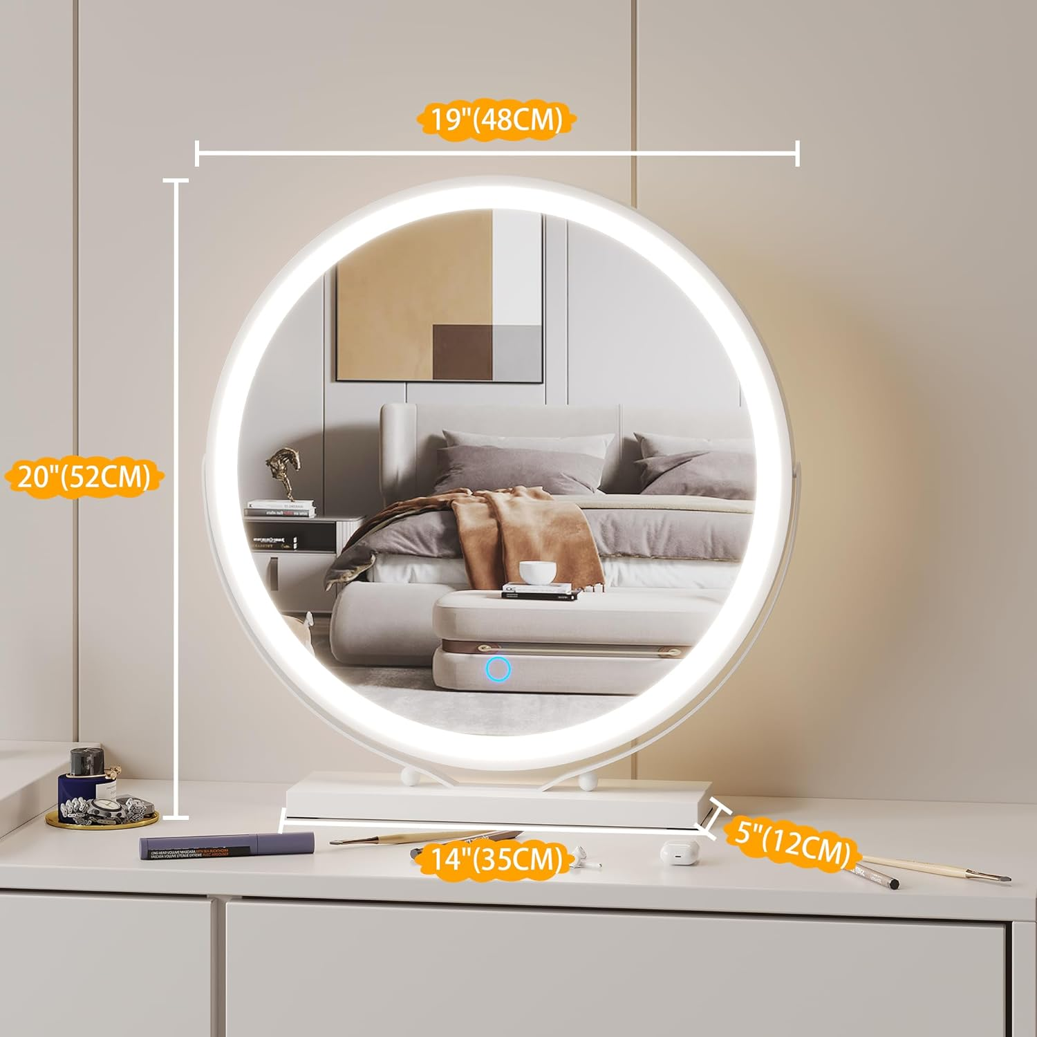 ZKIODV round Vanity Makeup Mirror with Light, 48 X 52 CM LED Lighted Mirror with Dimmable 3 Color Lights, Large Circle Desk Mirror, 360&deg; Light up Mirror for Dresser, Tabletop, Bedroom, White - Round Gold image number 4