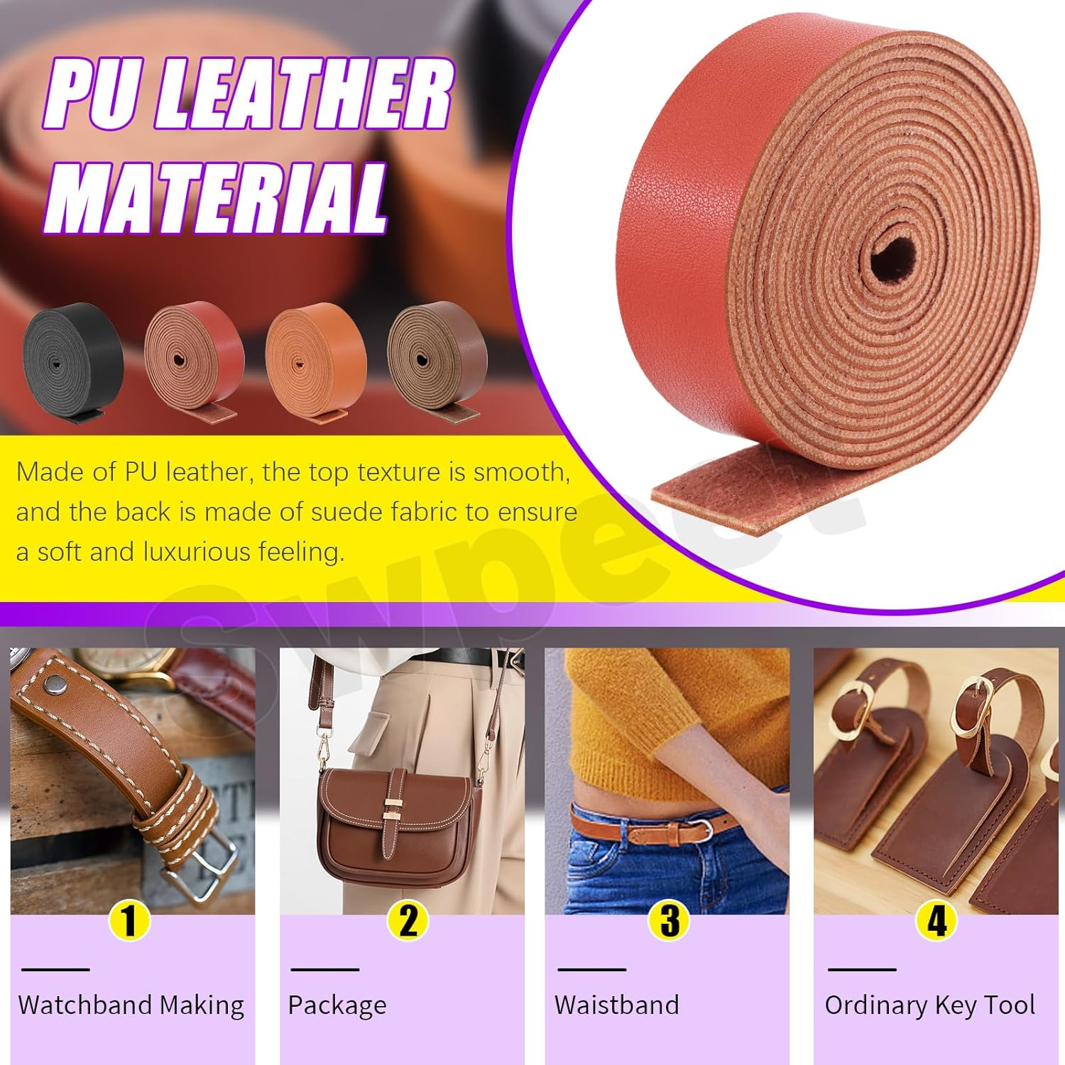 Swpeet Leather Strap for DIY Craft Projects - Caramel Brown image number 3